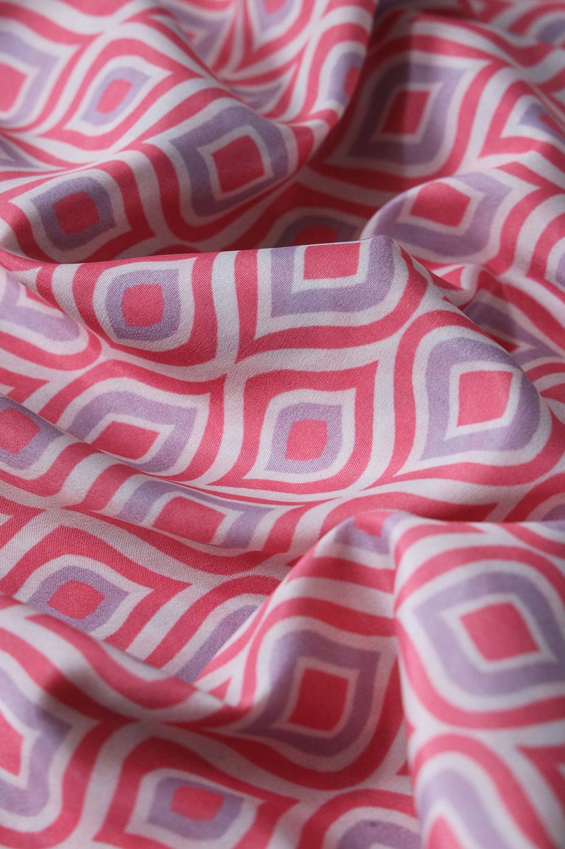 Pink And Light Purple Ogge Pattern Digital Print On Off White French Crepe Fabric - doeraa