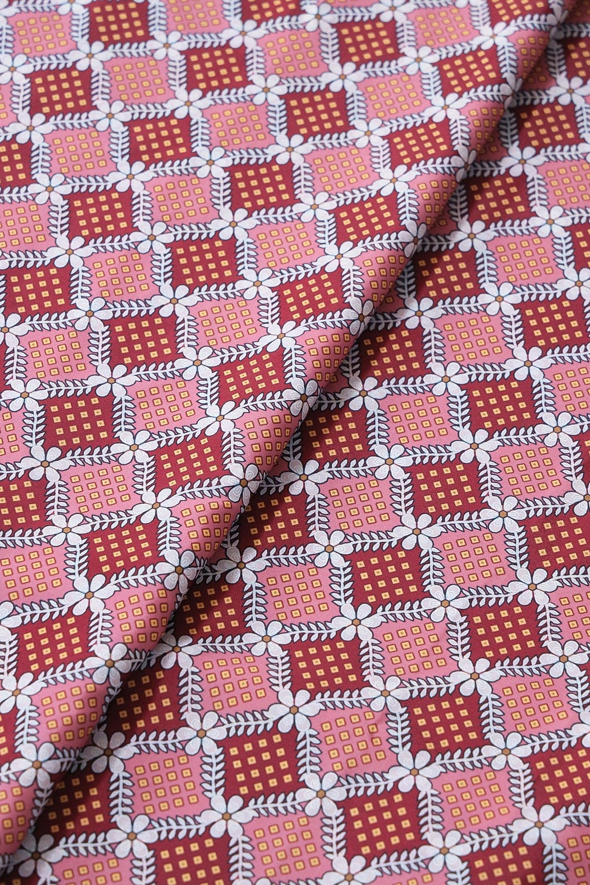Pink And Maroon Checks Pattern Digital Print On French Crepe Fabric - doeraa