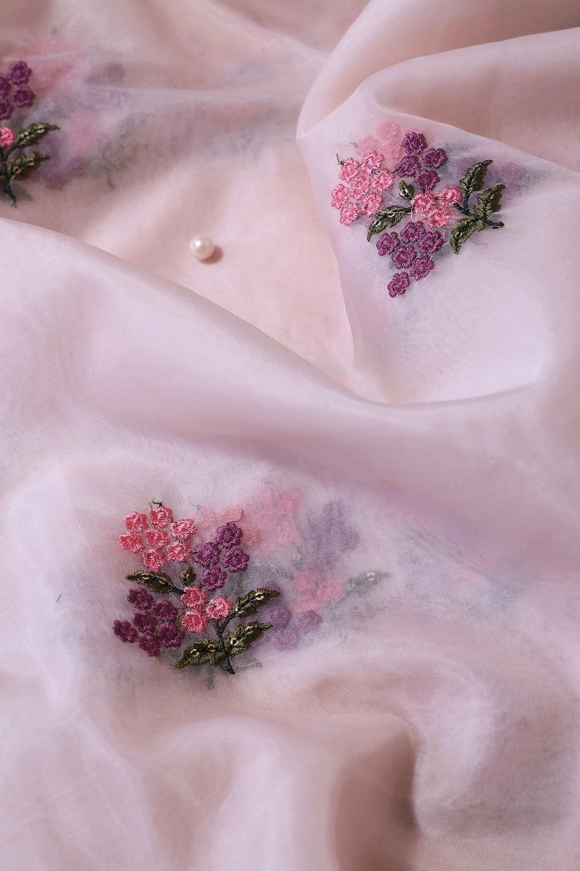 Pink And Mauve Thread With Sequins Floral Embroidery Work On Pastel Peach Organza Fabric - doeraa