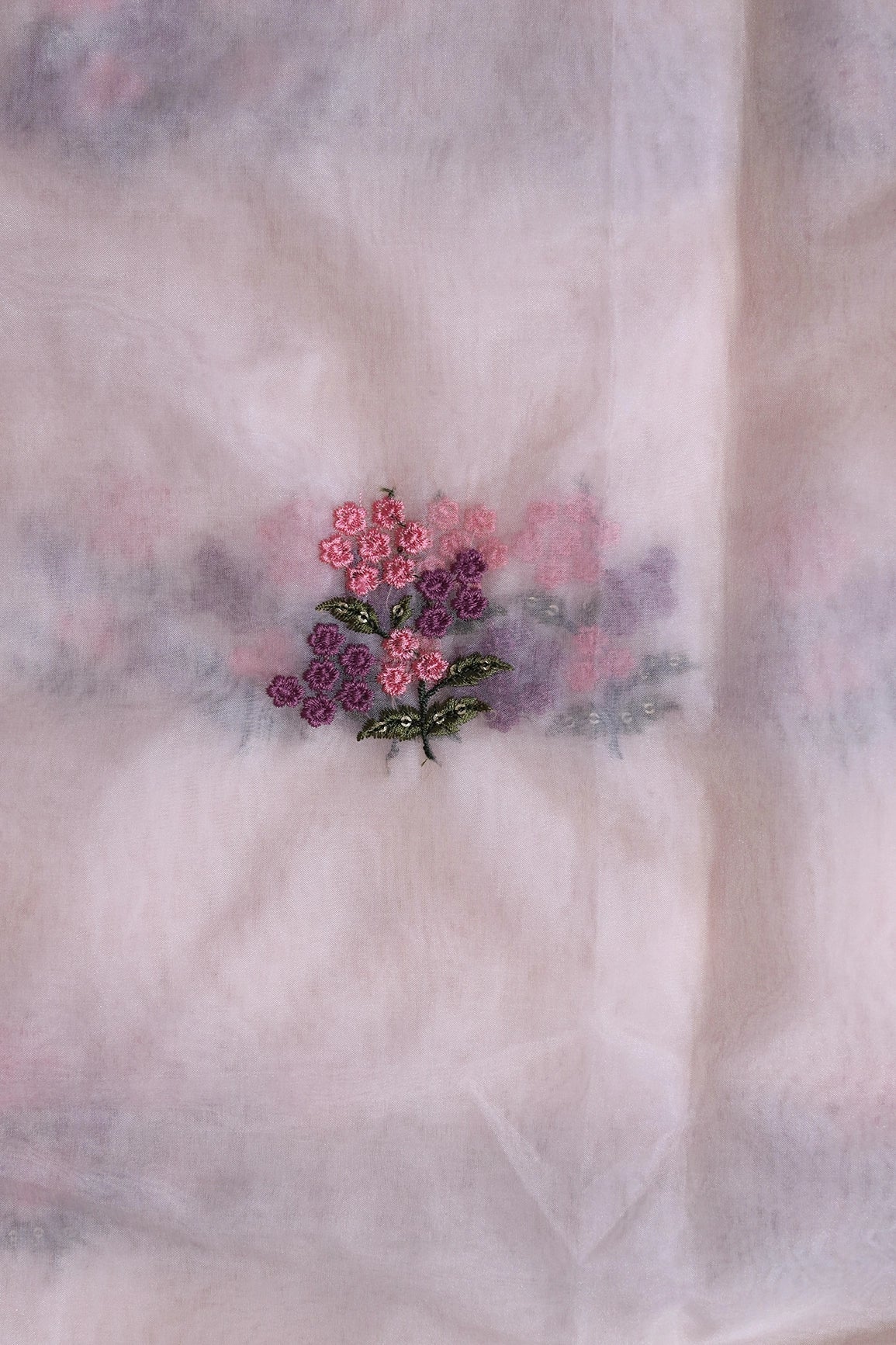 Pink And Mauve Thread With Sequins Floral Embroidery Work On Pastel Peach Organza Fabric - doeraa