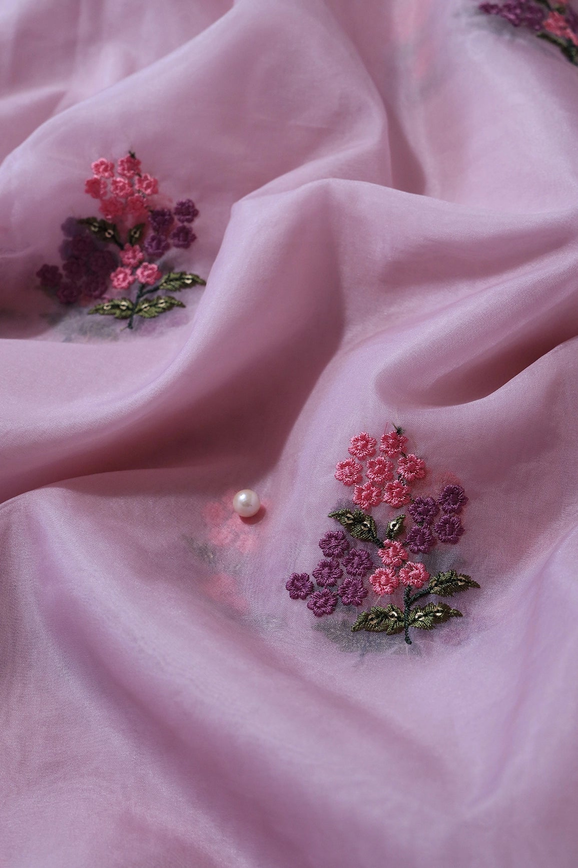 Pink And Mauve Thread With Sequins Floral Embroidery Work On Pink Organza Fabric - doeraa