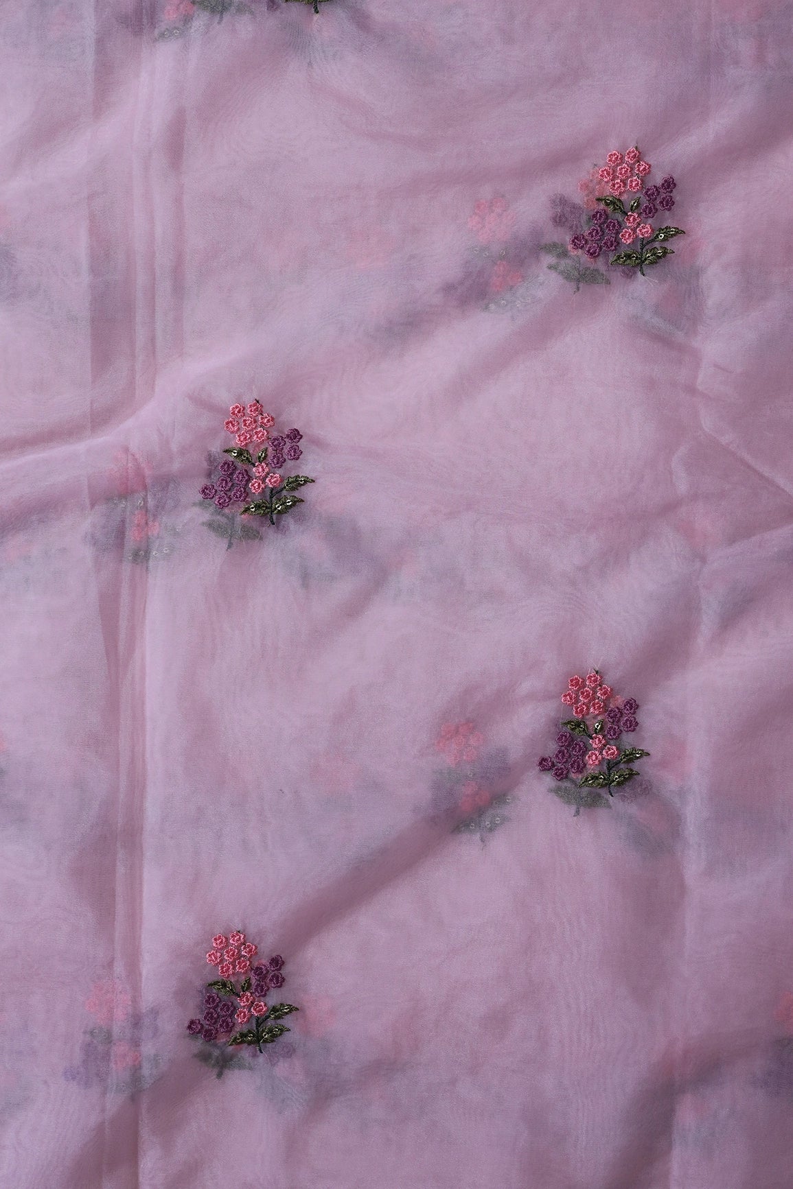 Pink And Mauve Thread With Sequins Floral Embroidery Work On Pink Organza Fabric - doeraa