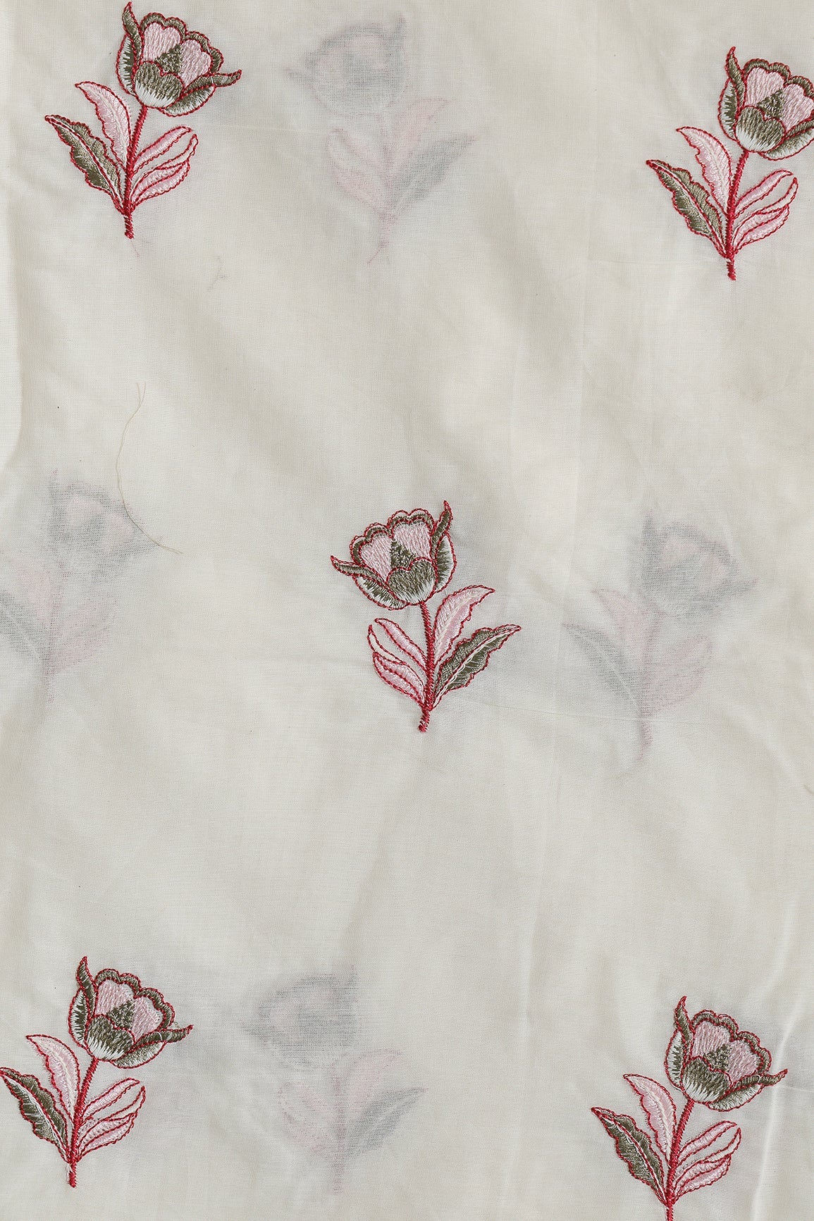 Pink And Olive Thread Beautiful Floral Embroidery Work On Off White Organic Cotton Fabric - doeraa