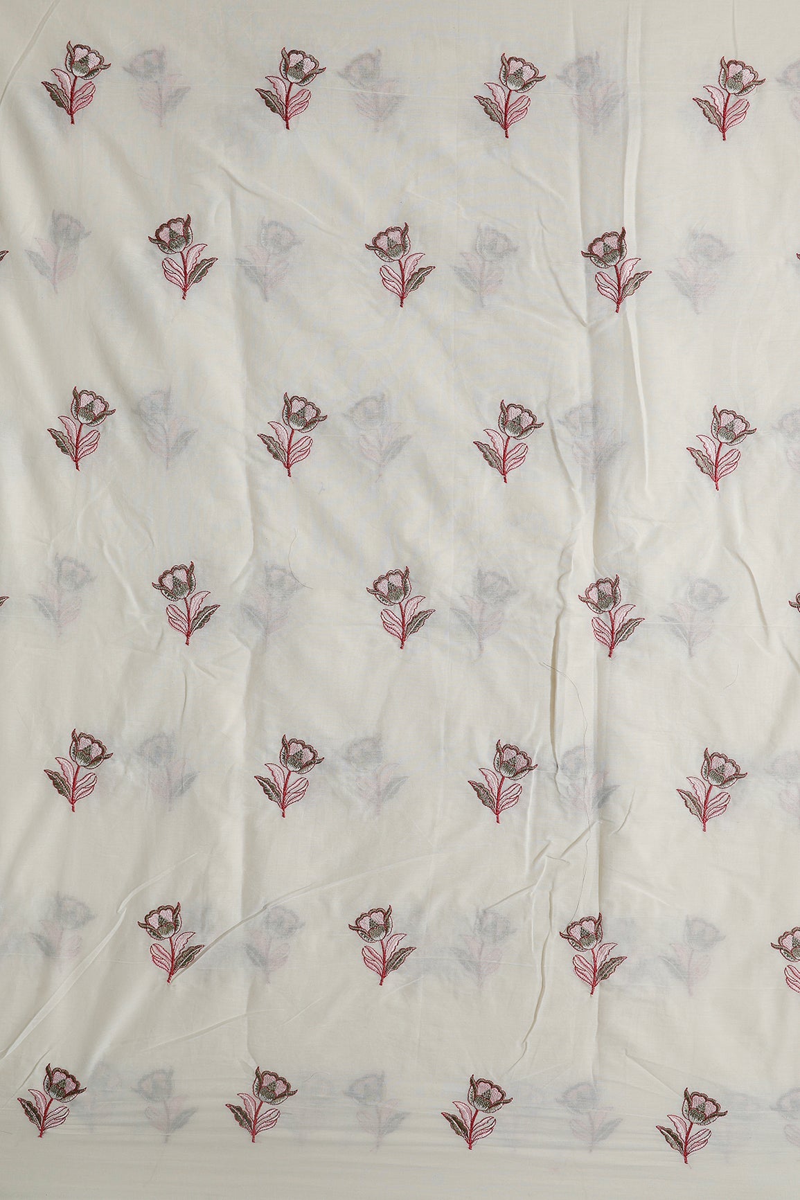 Pink And Olive Thread Beautiful Floral Embroidery Work On Off White Organic Cotton Fabric - doeraa