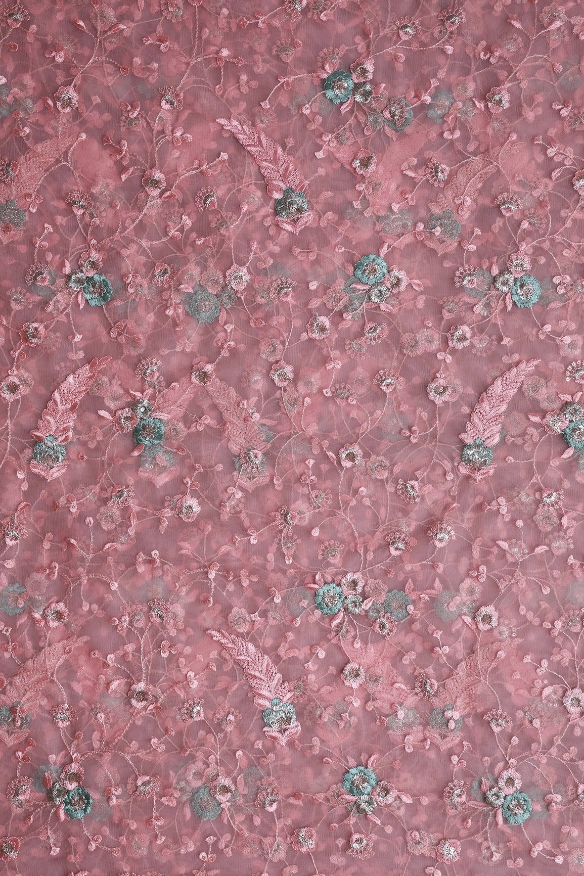 Pink And Olive Thread With Gold Zari Floral Embroidery On Pink Soft Net Fabric - doeraa