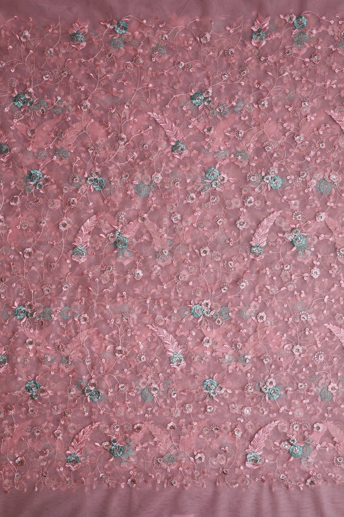Pink And Olive Thread With Gold Zari Floral Embroidery On Pink Soft Net Fabric - doeraa