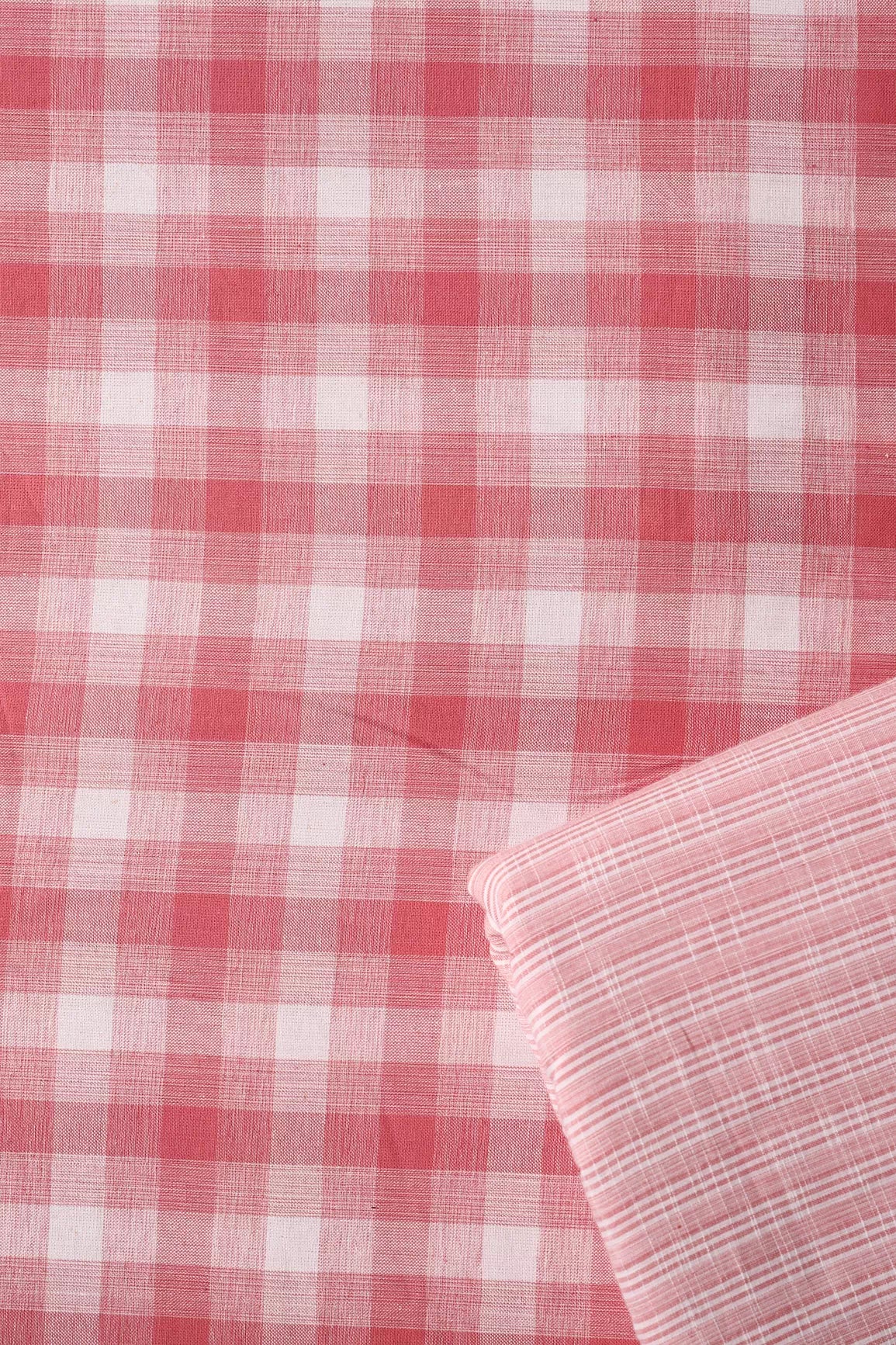 Pink And White Handwoven Cotton Unstitched Suit Set (2 Piece) - doeraa