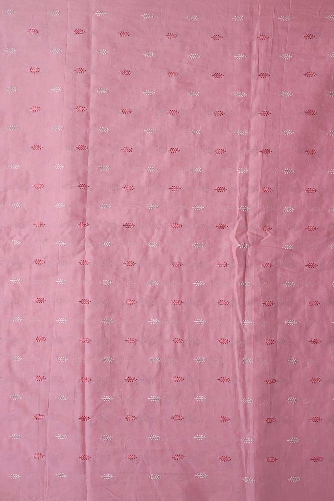 Pink And White Thread Leafy Embroidery On Pink Pure Mul Cotton Fabric - doeraa