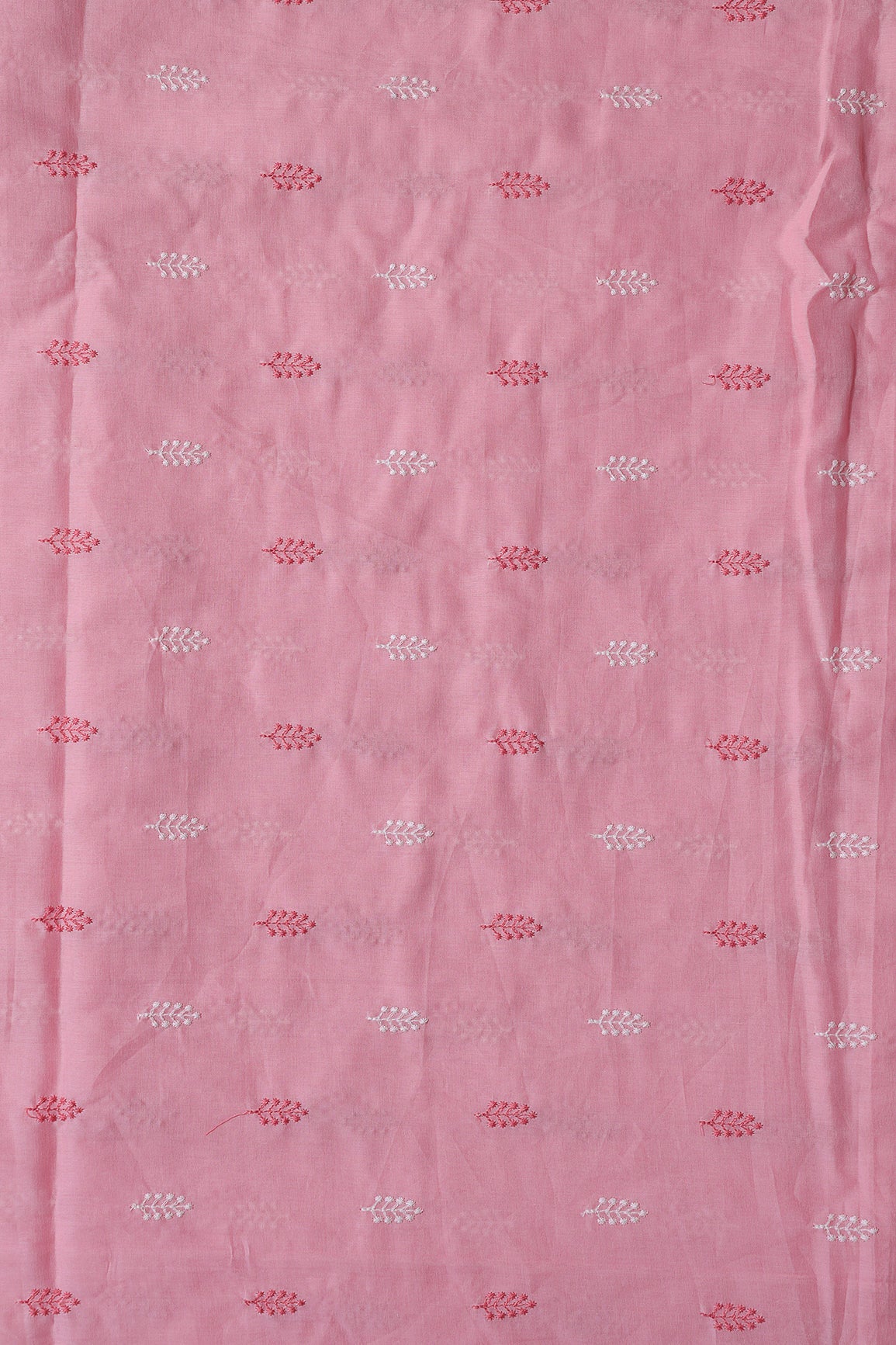 Pink And White Thread Leafy Embroidery On Pink Pure Mul Cotton Fabric - doeraa