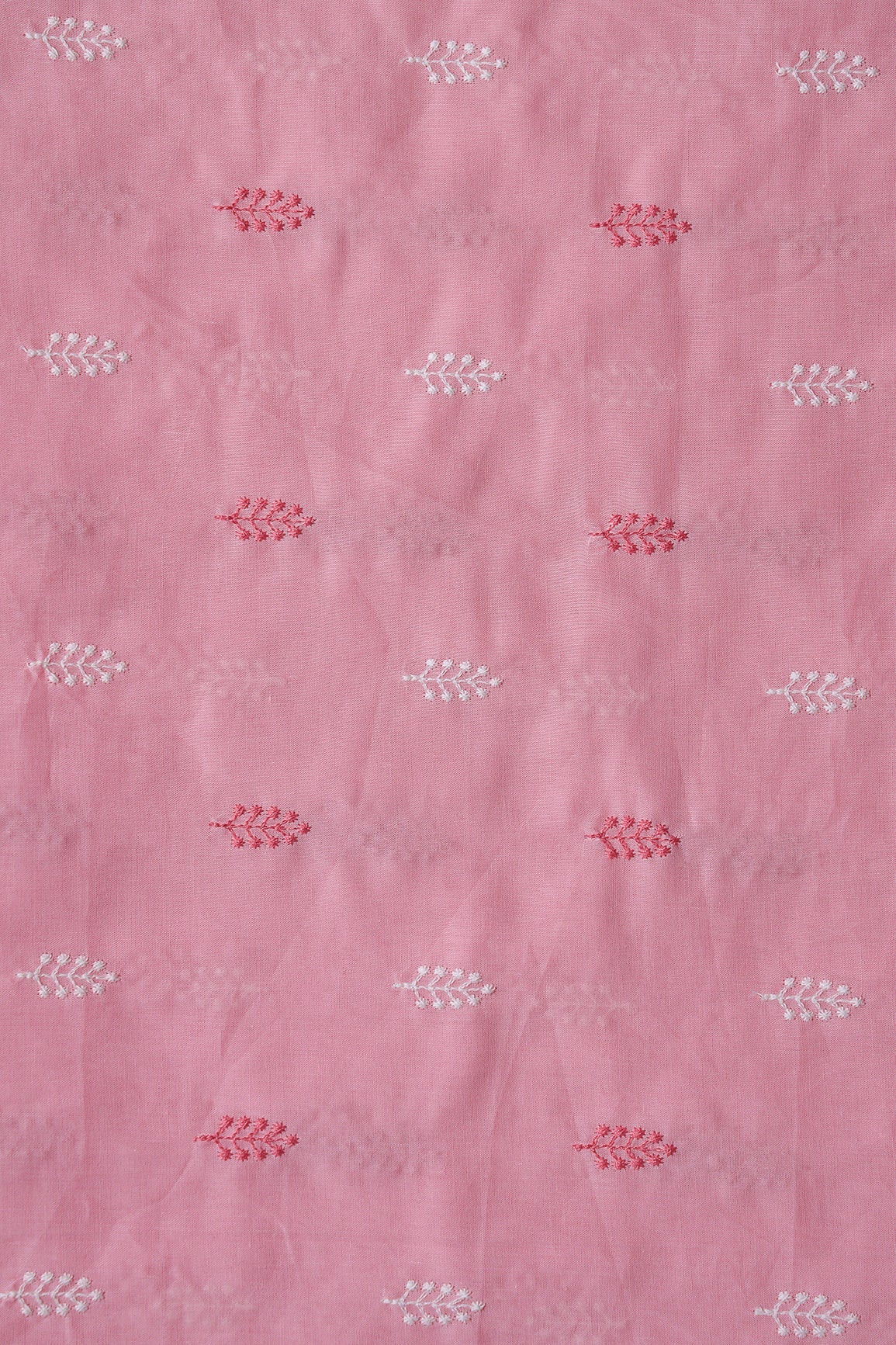 Pink And White Thread Leafy Embroidery On Pink Pure Mul Cotton Fabric - doeraa