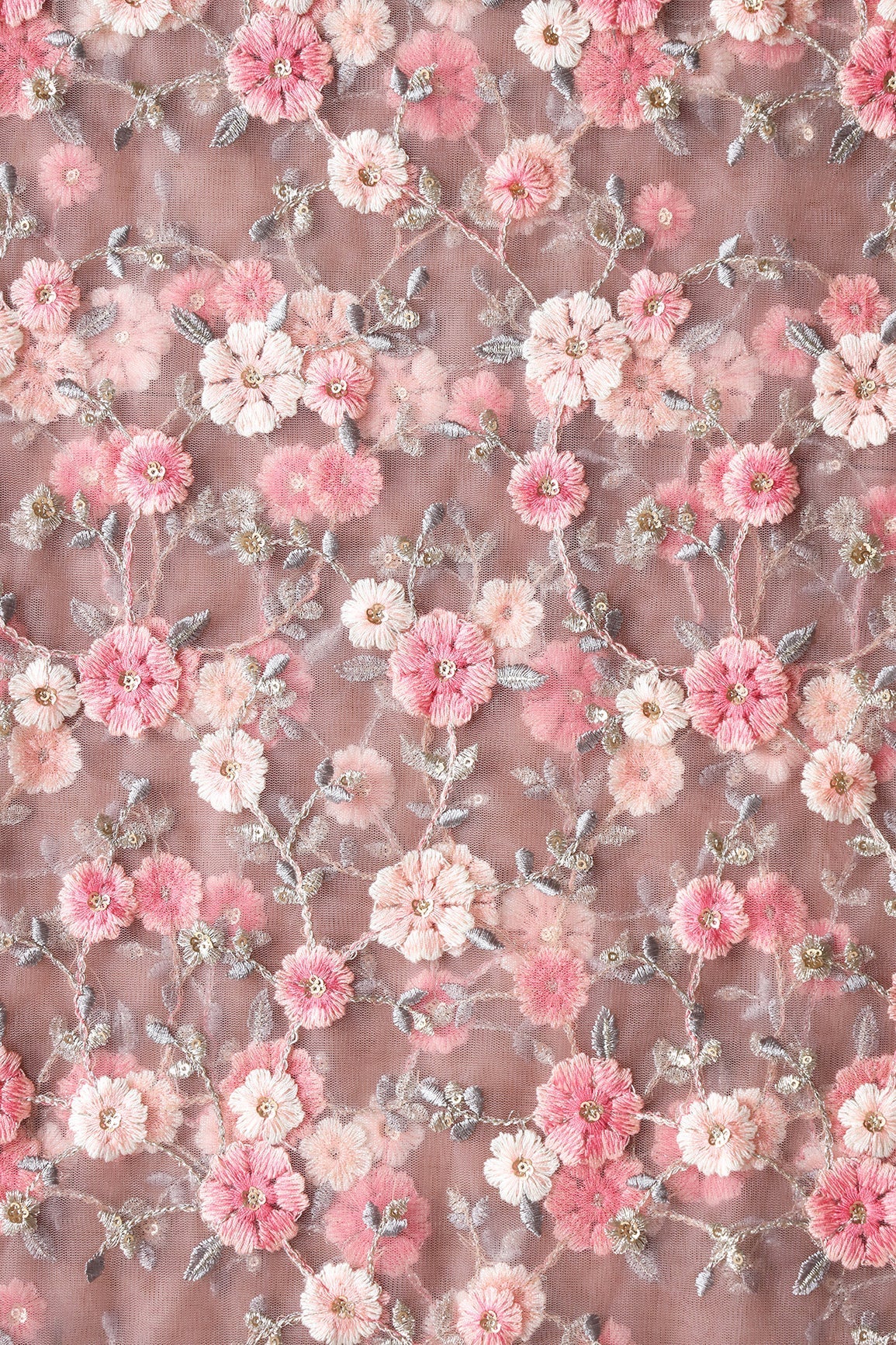 Pink And White Thread With Gold Sequins Floral Embroidery On Mauve Soft Net Fabric - doeraa