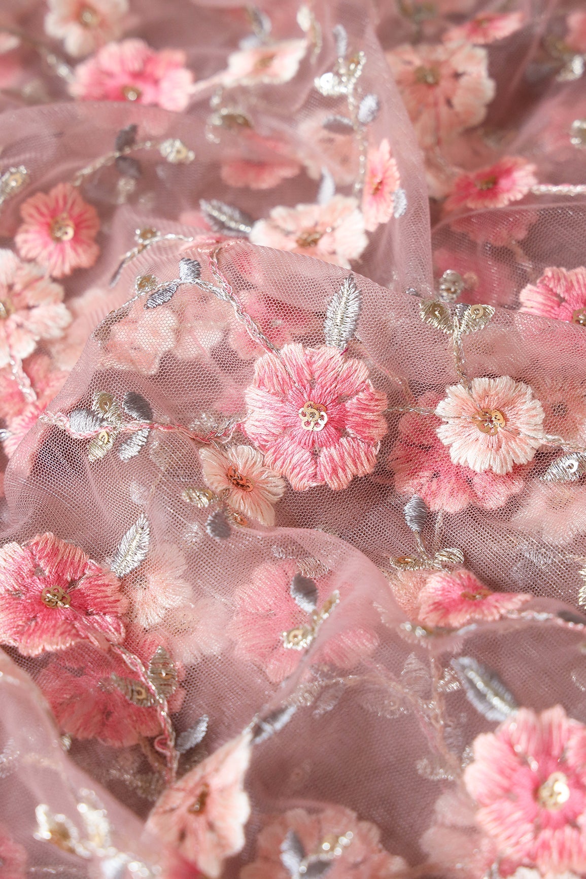 Pink And White Thread With Gold Sequins Floral Embroidery On Mauve Soft Net Fabric - doeraa