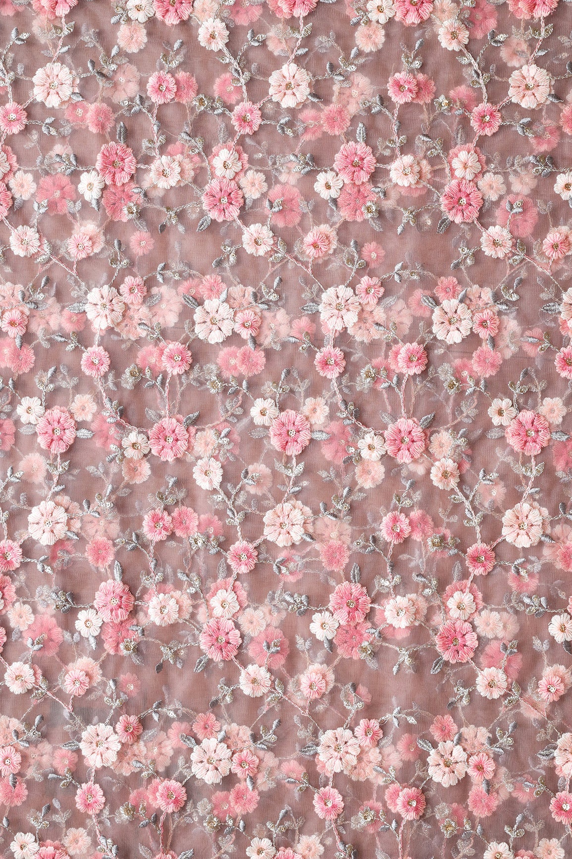 Pink And White Thread With Gold Sequins Floral Embroidery On Mauve Soft Net Fabric - doeraa