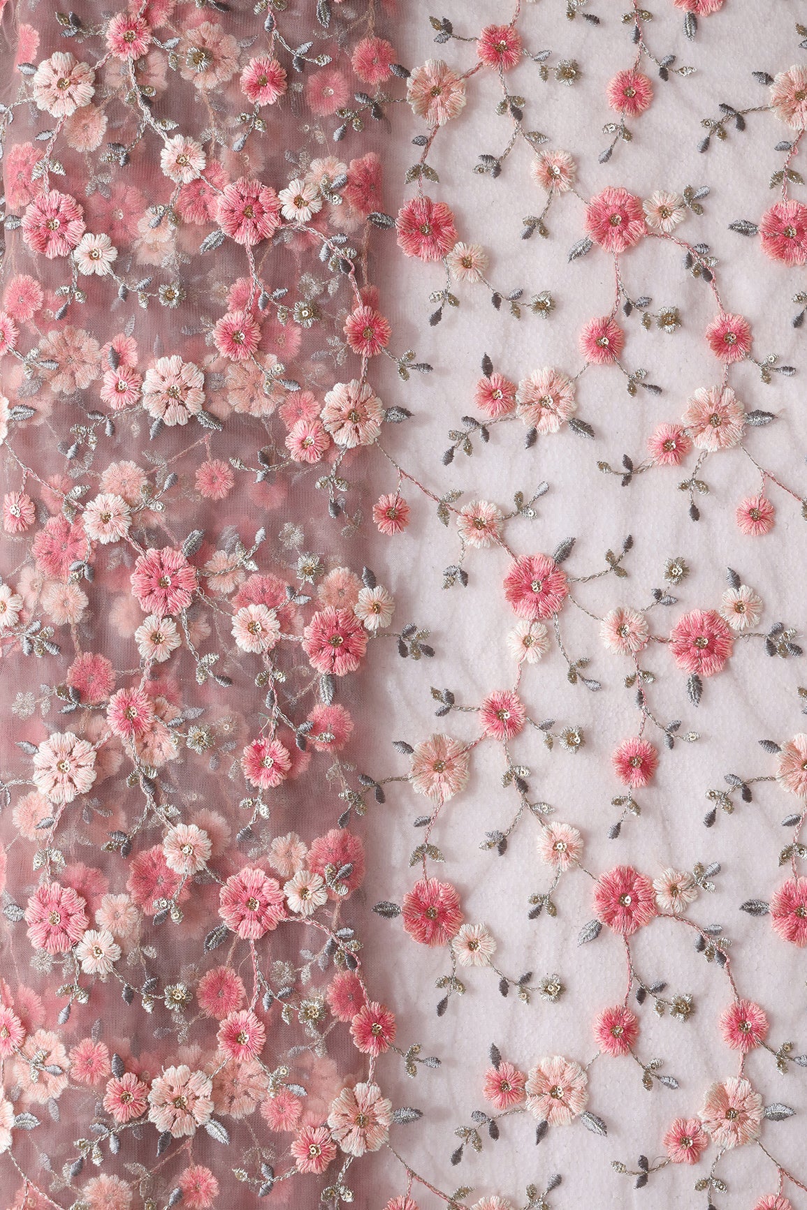 Pink And White Thread With Gold Sequins Floral Embroidery On Mauve Soft Net Fabric - doeraa