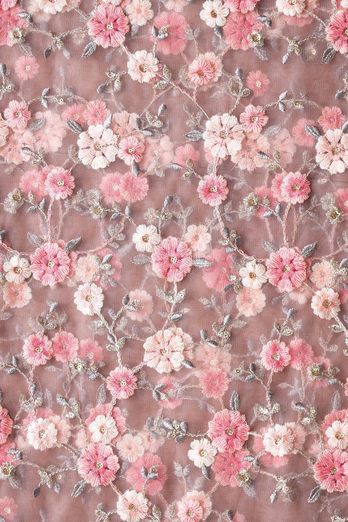 Pink And White Thread With Gold Sequins Floral Embroidery On Mauve Soft Net Fabric - doeraa