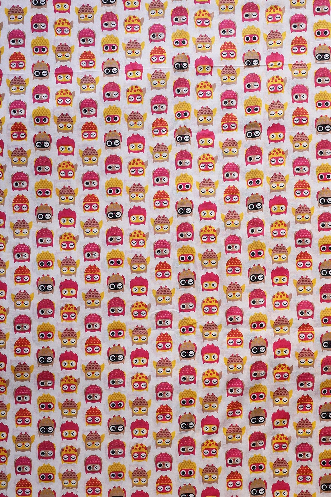 Pink And Yellow Quirky Pattern Print On Off White Pure Cotton Fabric - doeraa