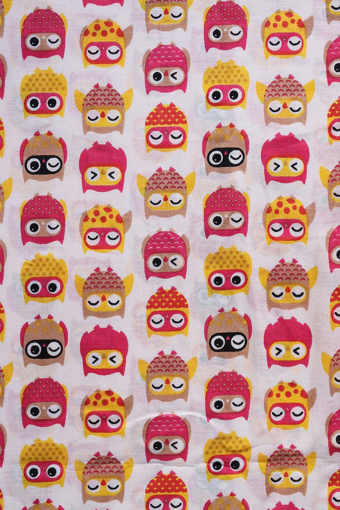 Pink And Yellow Quirky Pattern Print On Off White Pure Cotton Fabric - doeraa