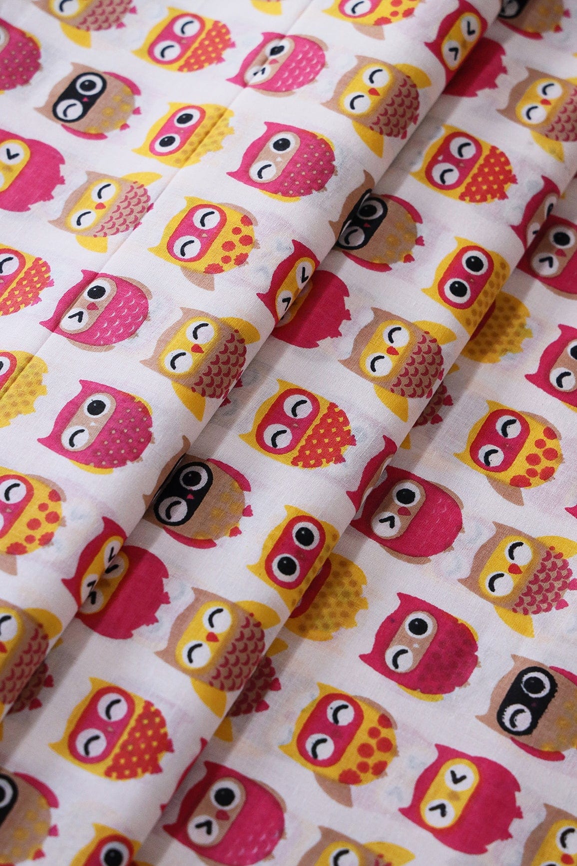 Pink And Yellow Quirky Pattern Print On Off White Pure Cotton Fabric - doeraa