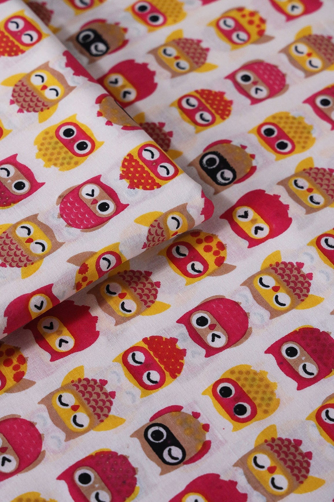 Pink And Yellow Quirky Pattern Print On Off White Pure Cotton Fabric - doeraa