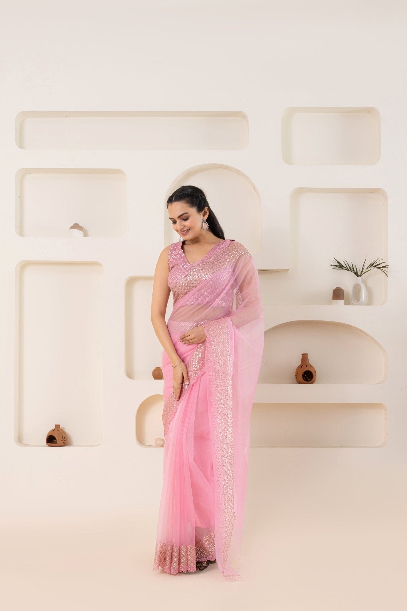 Pink Embroidery Saree Set (Saree With Blouse Piece) - doeraa
