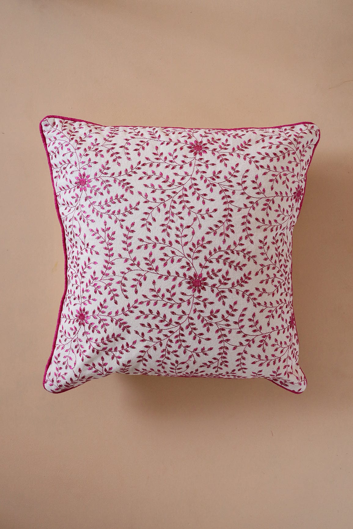 Pink Floral Embroidery on Off White cotton Cushion Cover (16*16 inches) - doeraa