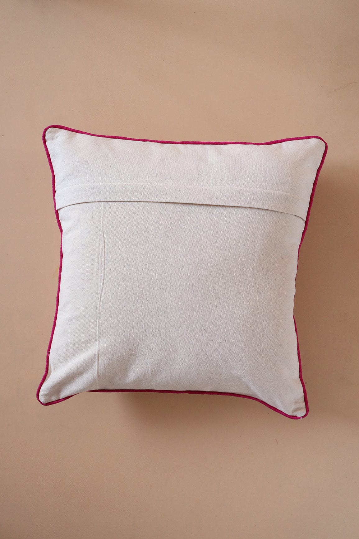 Pink Floral Embroidery on Off White cotton Cushion Cover (16*16 inches) - doeraa