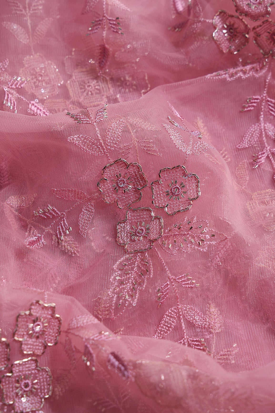 Pink Thread & Beads With Water Sequins Floral Embroidery Work On Pink Soft Net Fabric - doeraa