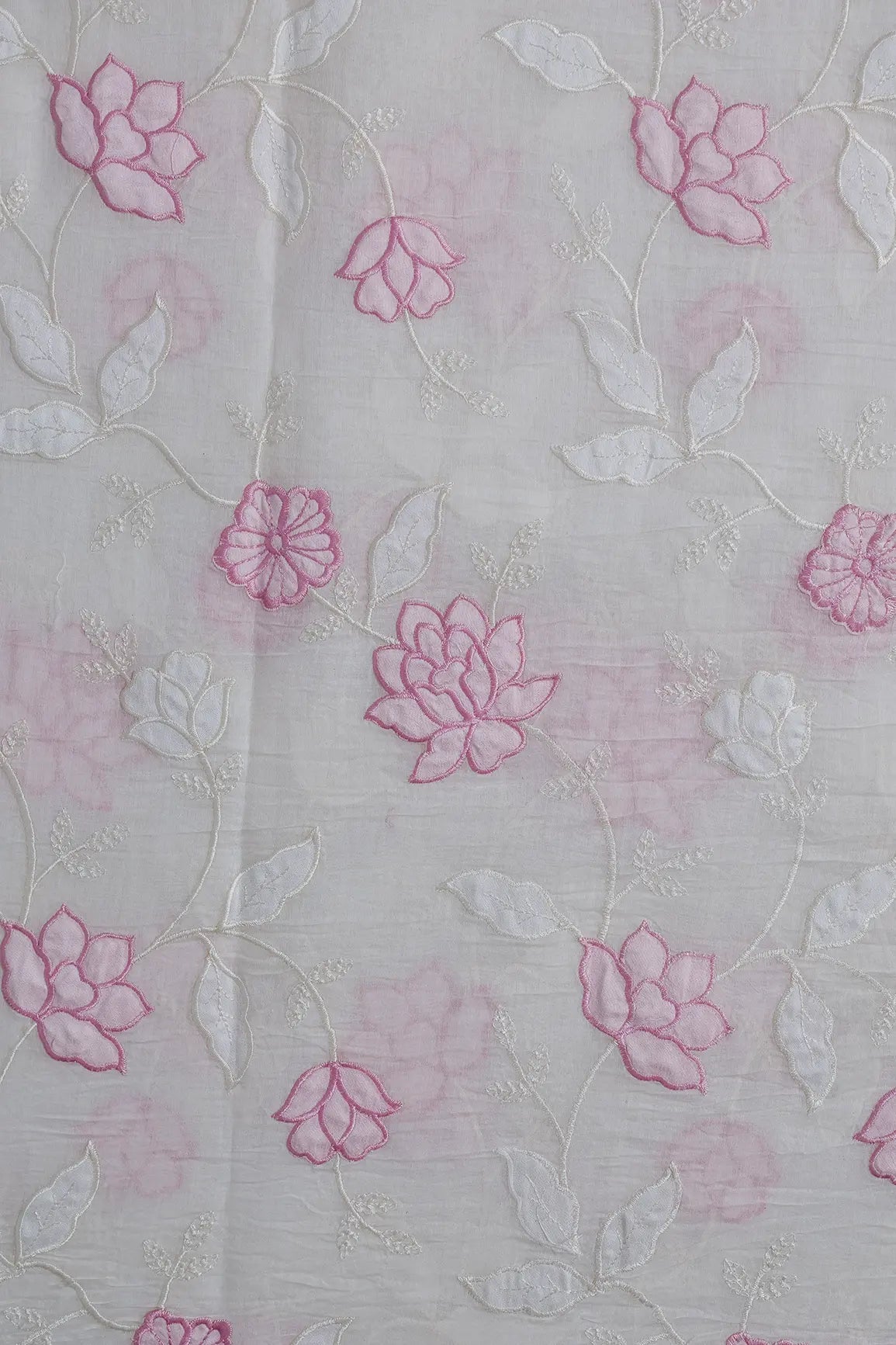 Pink Thread Elegant Floral Embroidery Work On Off White Pure Mul Chanderi Silk Fabric - doeraa