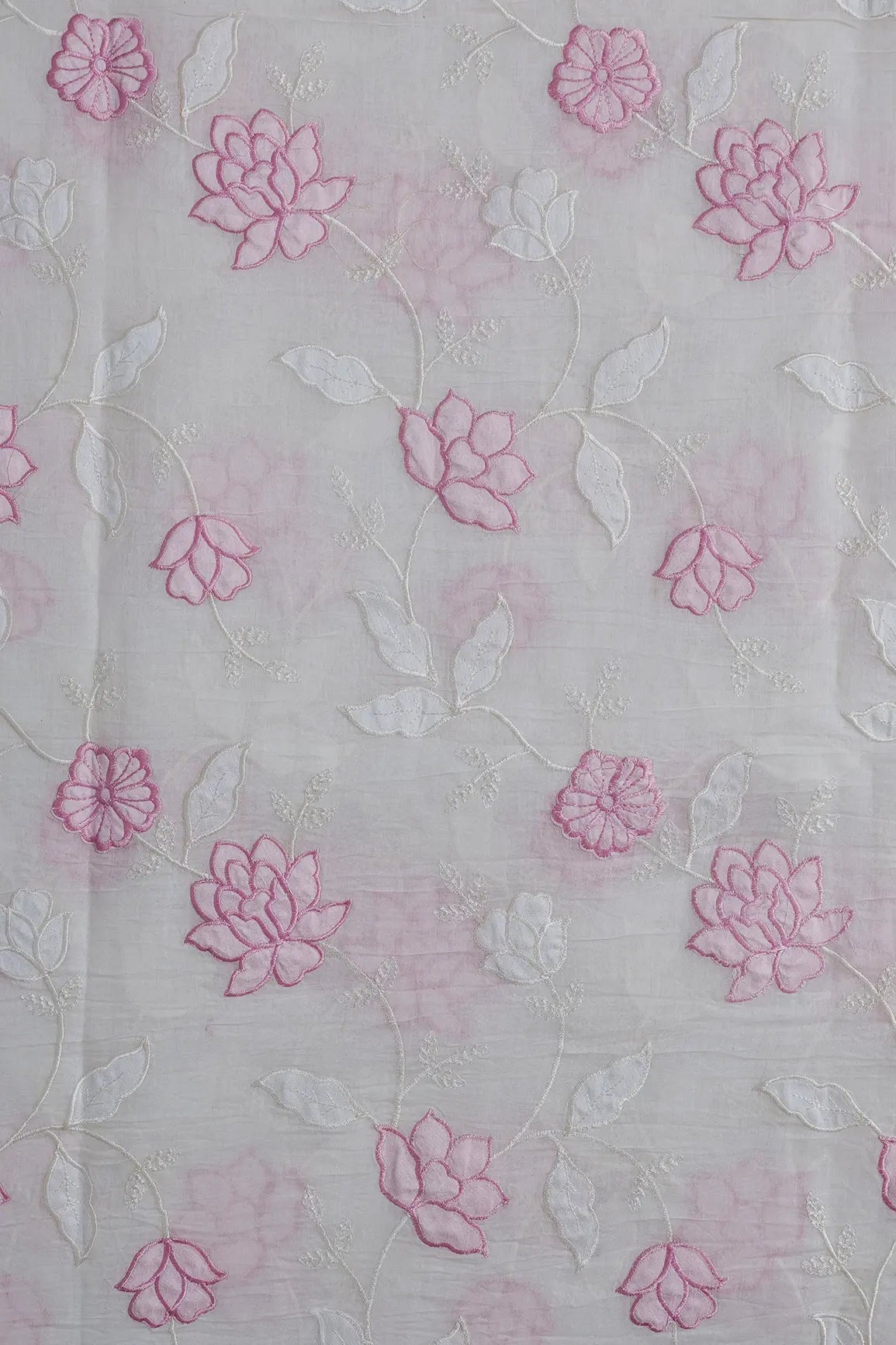 Pink Thread Elegant Floral Embroidery Work On Off White Pure Mul Chanderi Silk Fabric - doeraa