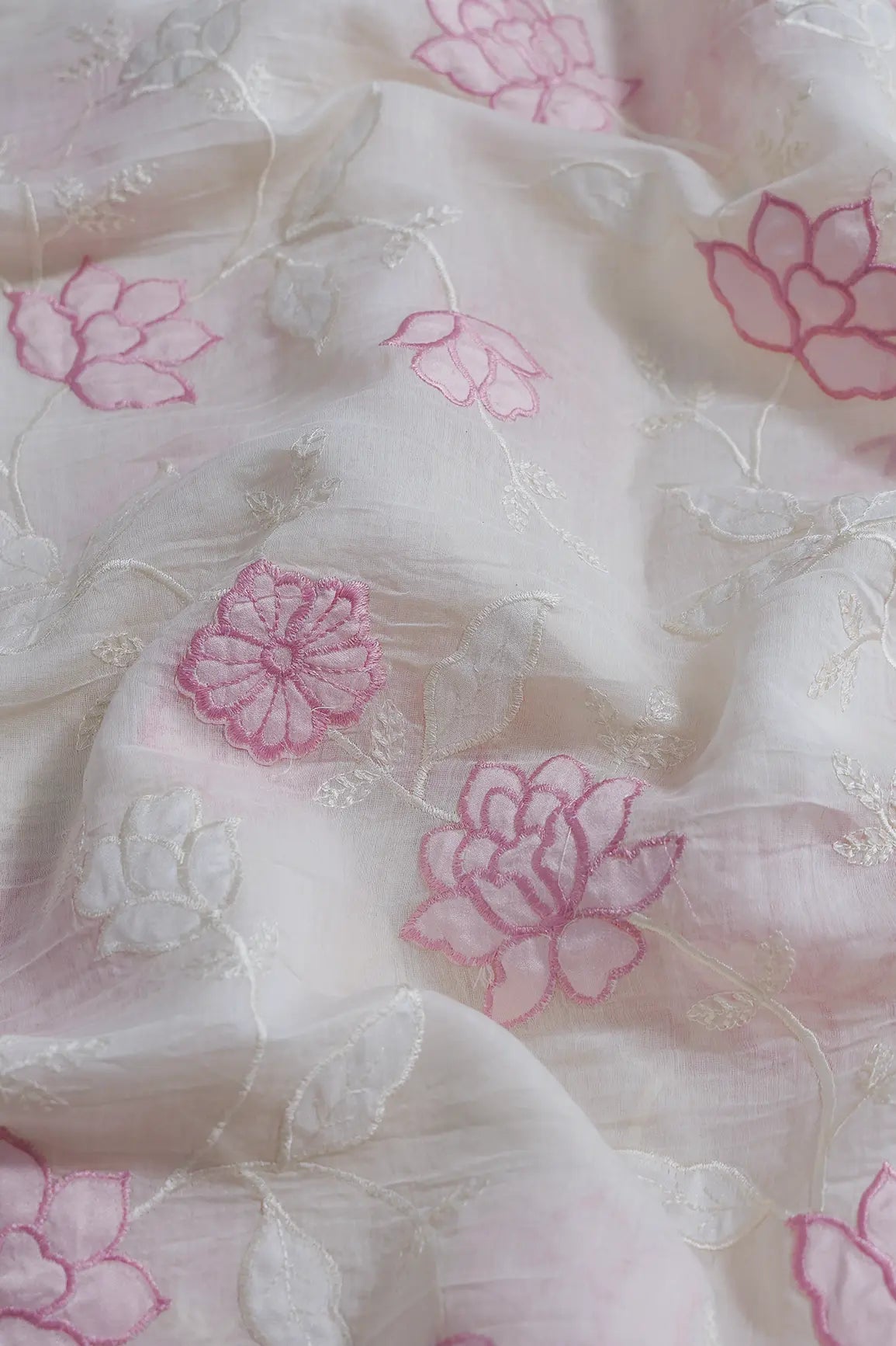 Pink Thread Elegant Floral Embroidery Work On Off White Pure Mul Chanderi Silk Fabric - doeraa
