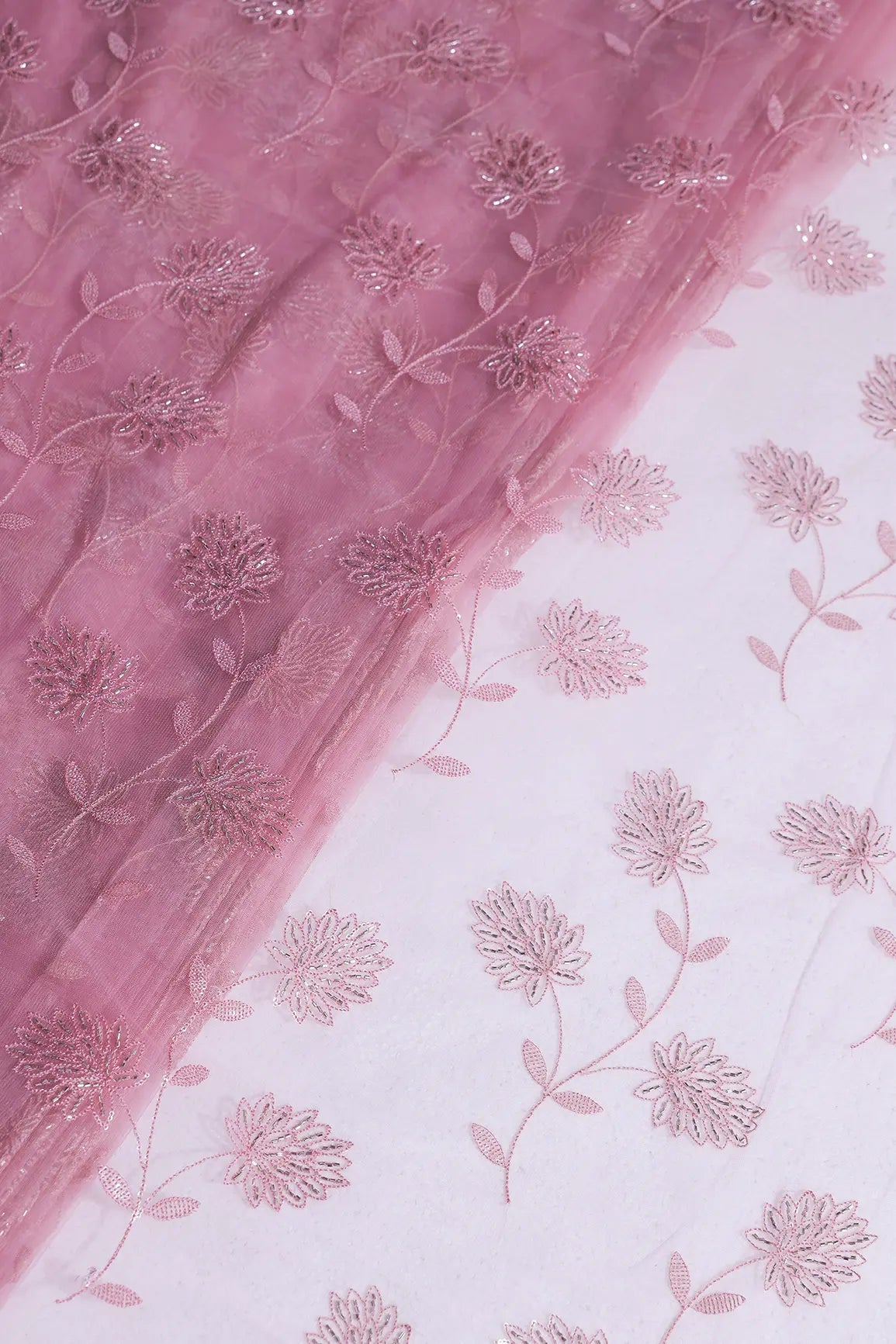 Pink Thread & Gold Beads With Water Sequins Floral Embroidery On Pink Soft Net Fabric - doeraa