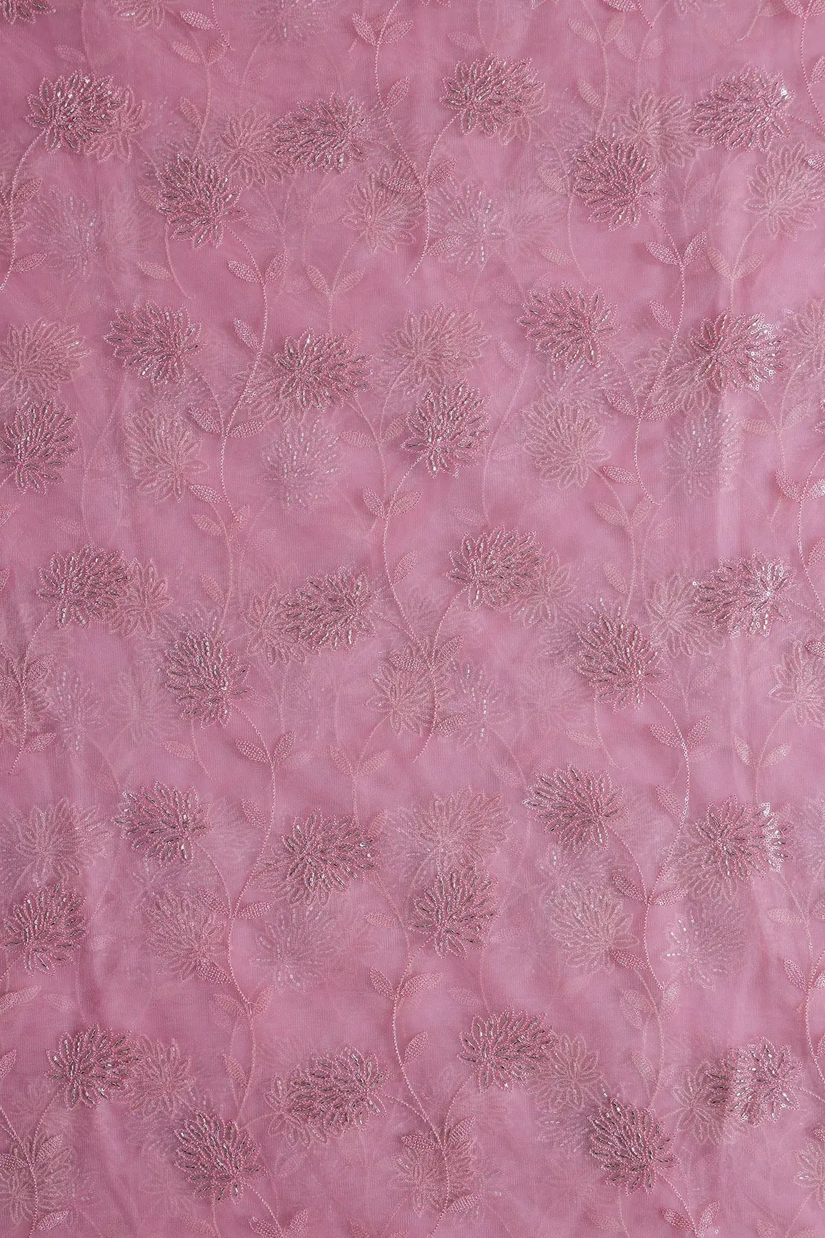 Pink Thread & Gold Beads With Water Sequins Floral Embroidery On Pink Soft Net Fabric - doeraa