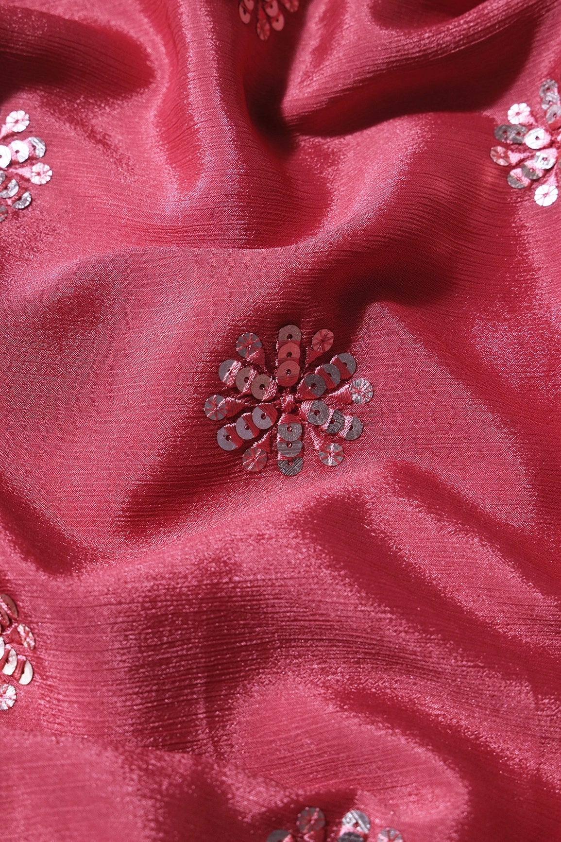 Pink Thread With Gold Sequins Floral Butta Embroidery Work On Gajri Pink Chinnon Chiffon Fabric - doeraa