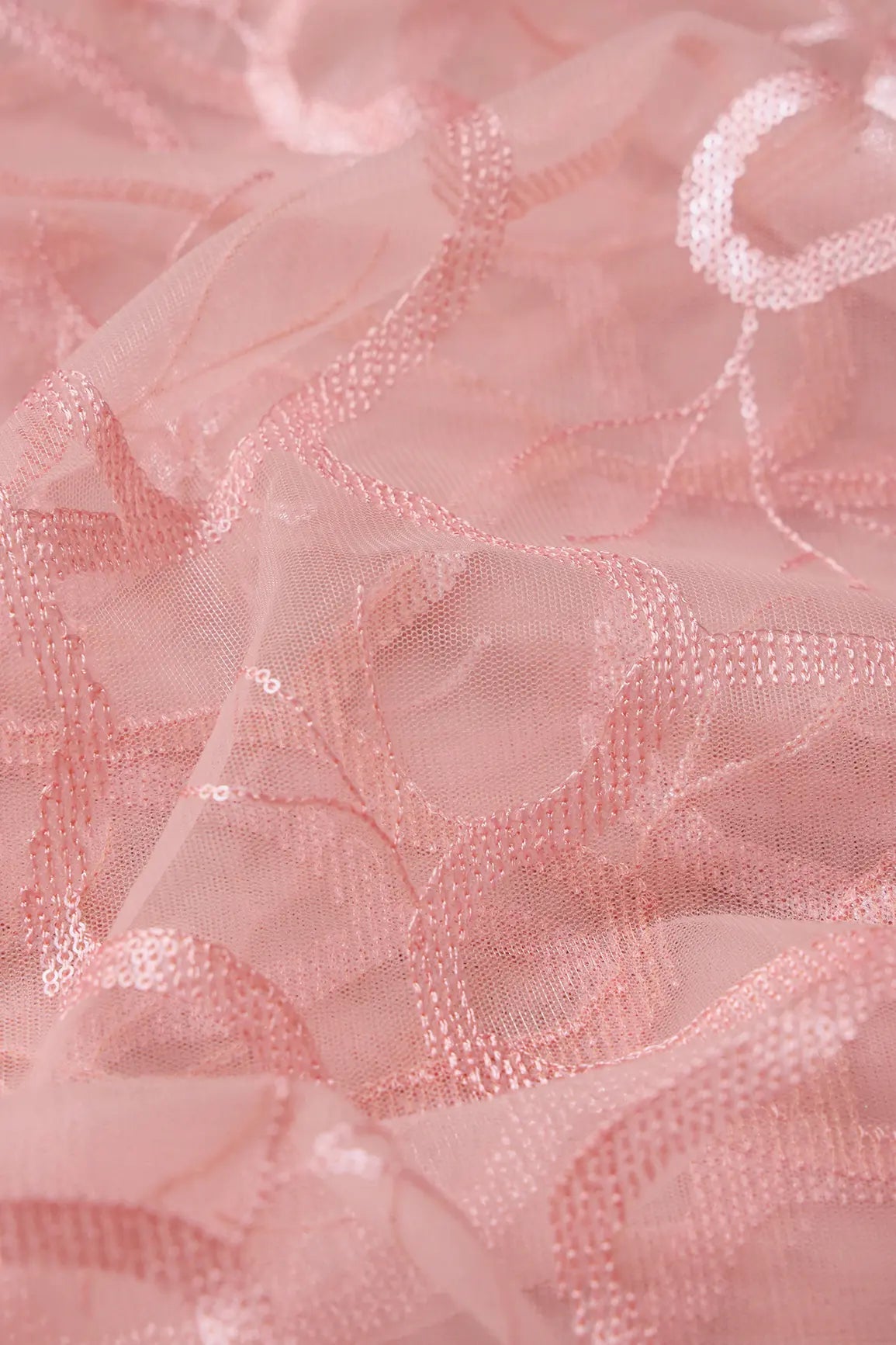 Pink Thread With Water Sequins Abstract Embroidery Work On Baby Pink Soft Net Fabric - doeraa