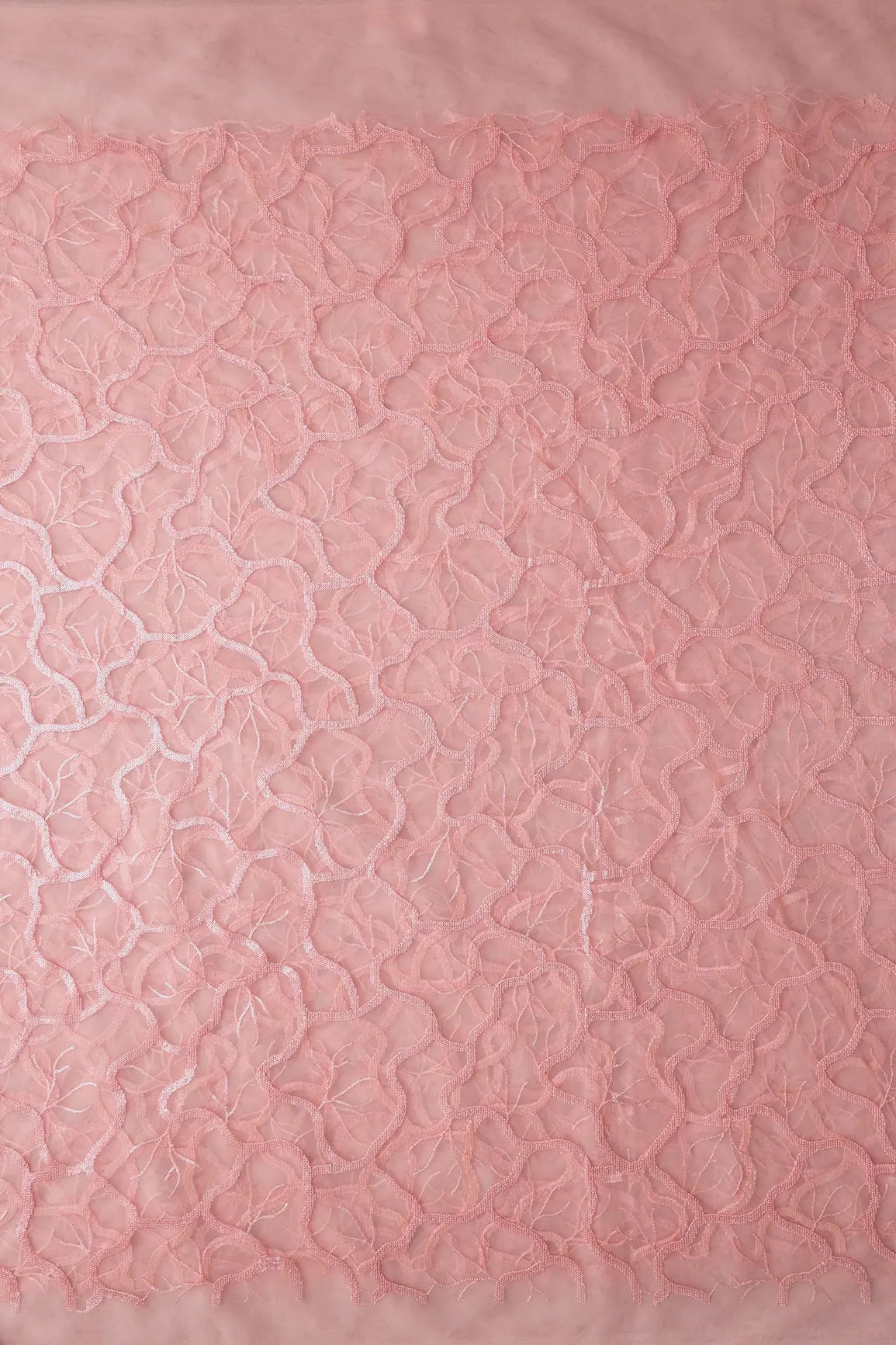 Pink Thread With Water Sequins Abstract Embroidery Work On Baby Pink Soft Net Fabric - doeraa