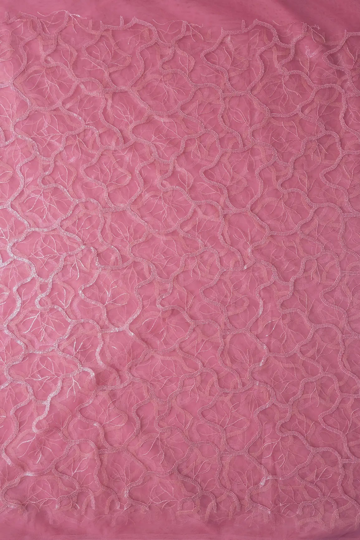 Pink Thread With Water Sequins Abstract Embroidery Work On Pink Soft Net Fabric - doeraa