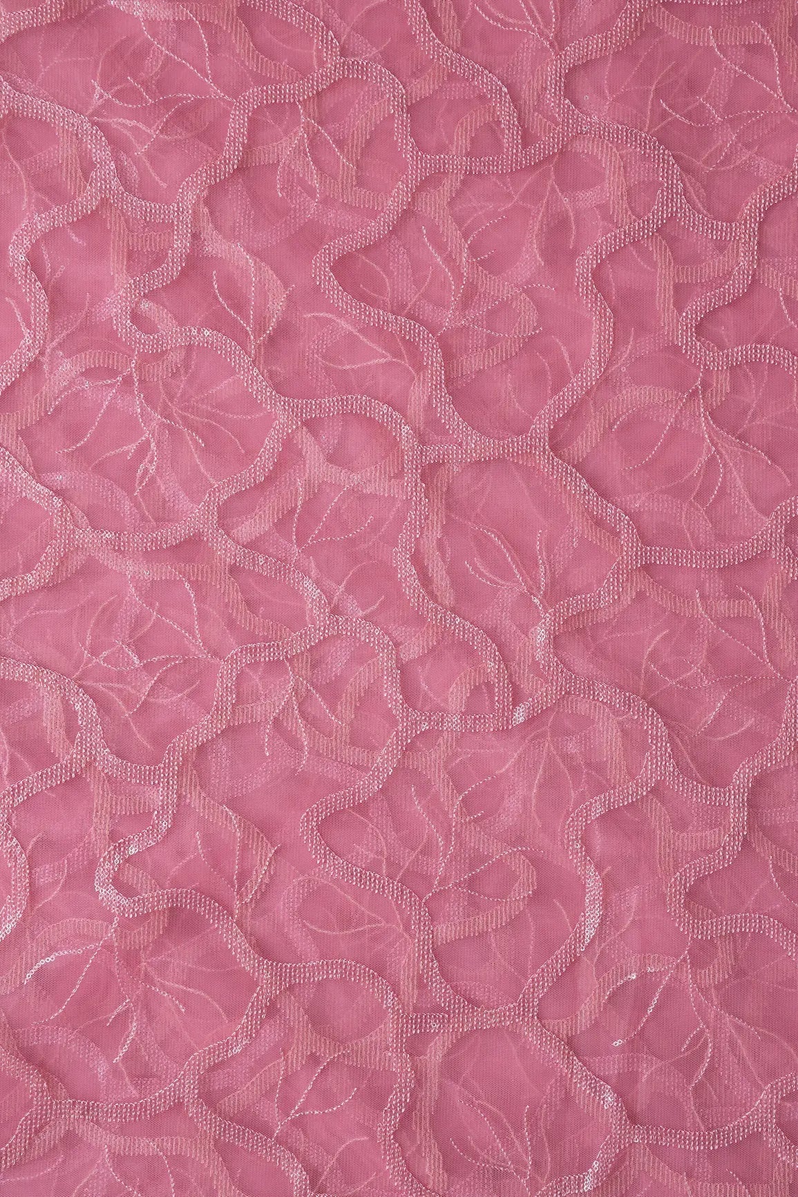 Pink Thread With Water Sequins Abstract Embroidery Work On Pink Soft Net Fabric - doeraa