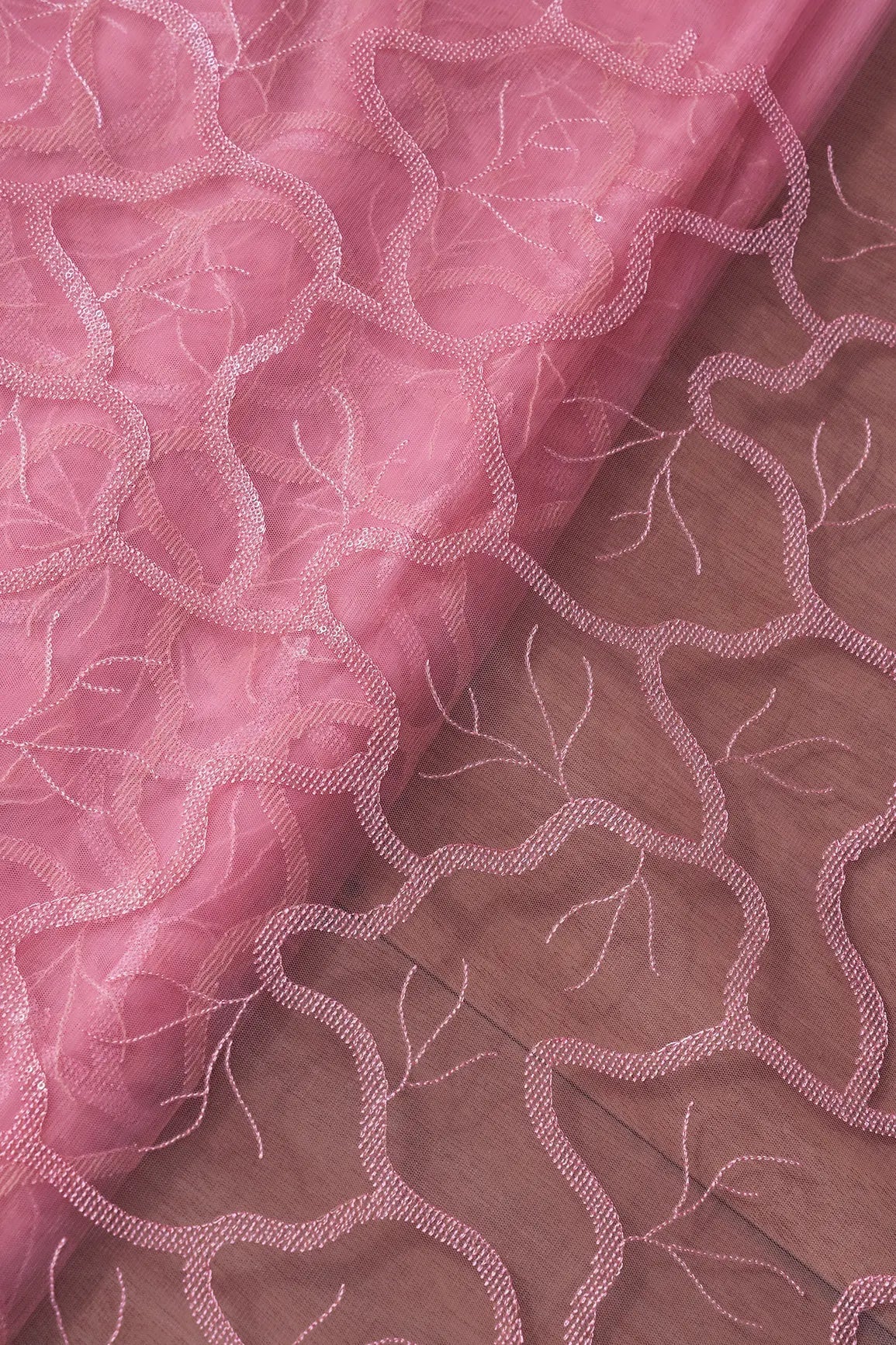 Pink Thread With Water Sequins Abstract Embroidery Work On Pink Soft Net Fabric - doeraa