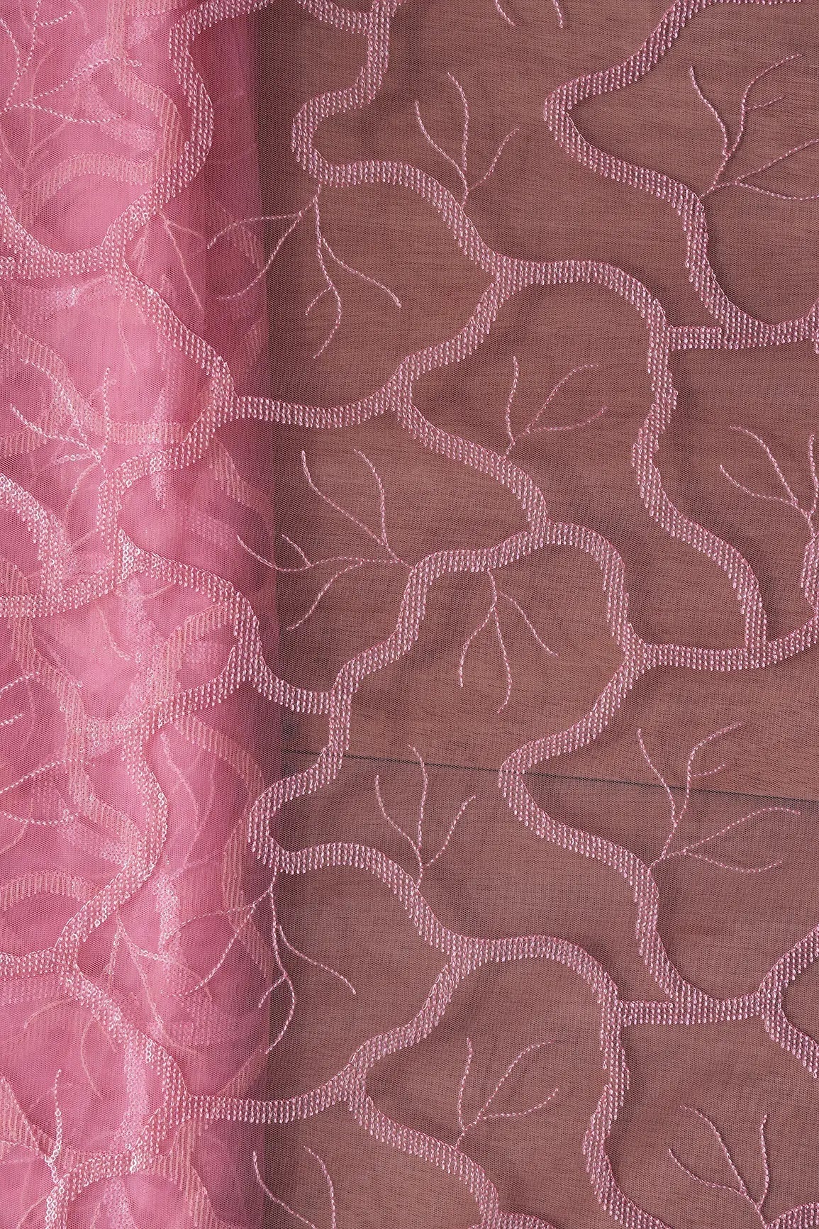 Pink Thread With Water Sequins Abstract Embroidery Work On Pink Soft Net Fabric - doeraa