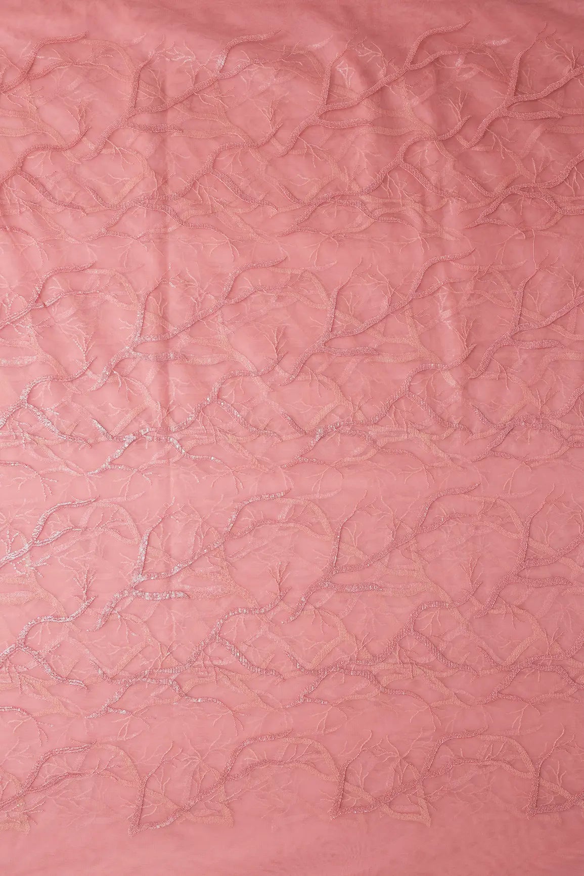 Pink Thread With Water Sequins Abstract Embroidery Work On Pink Soft Net Fabric - doeraa