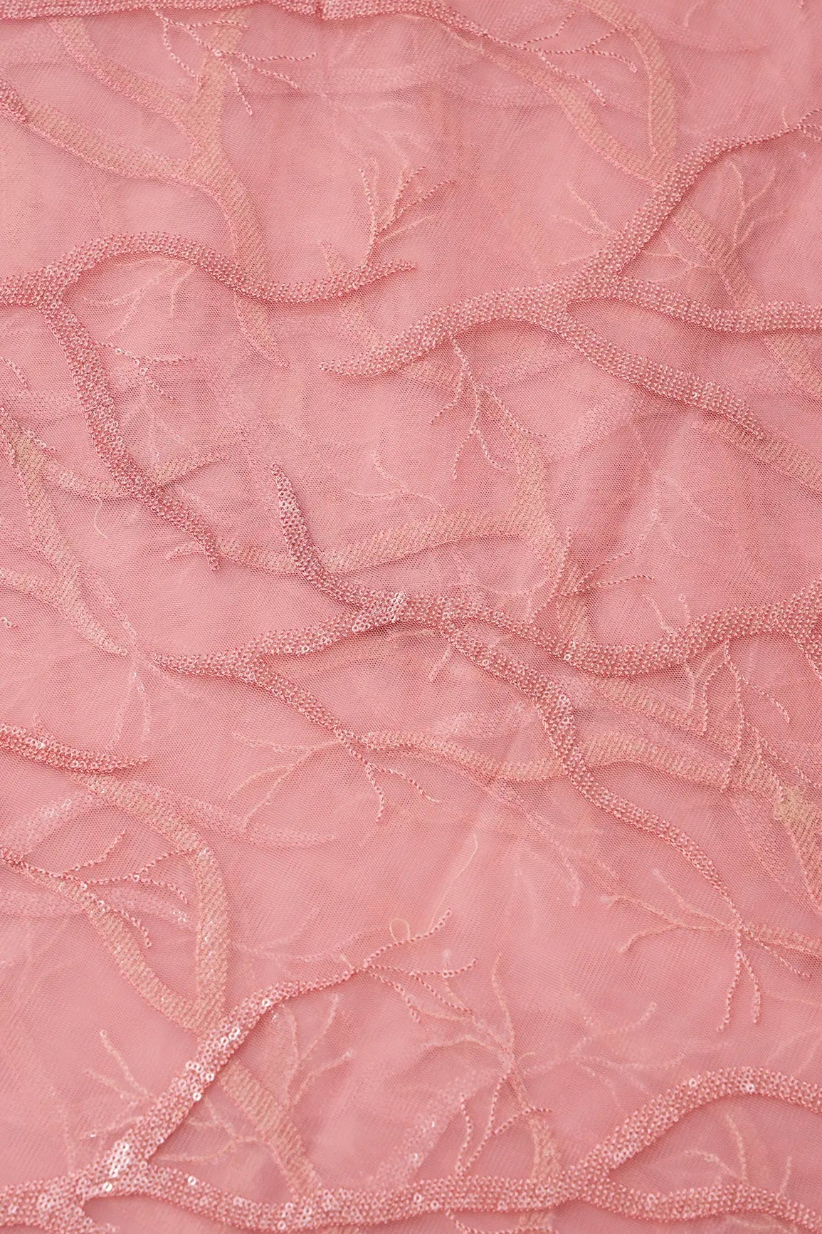 Pink Thread With Water Sequins Abstract Embroidery Work On Pink Soft Net Fabric - doeraa