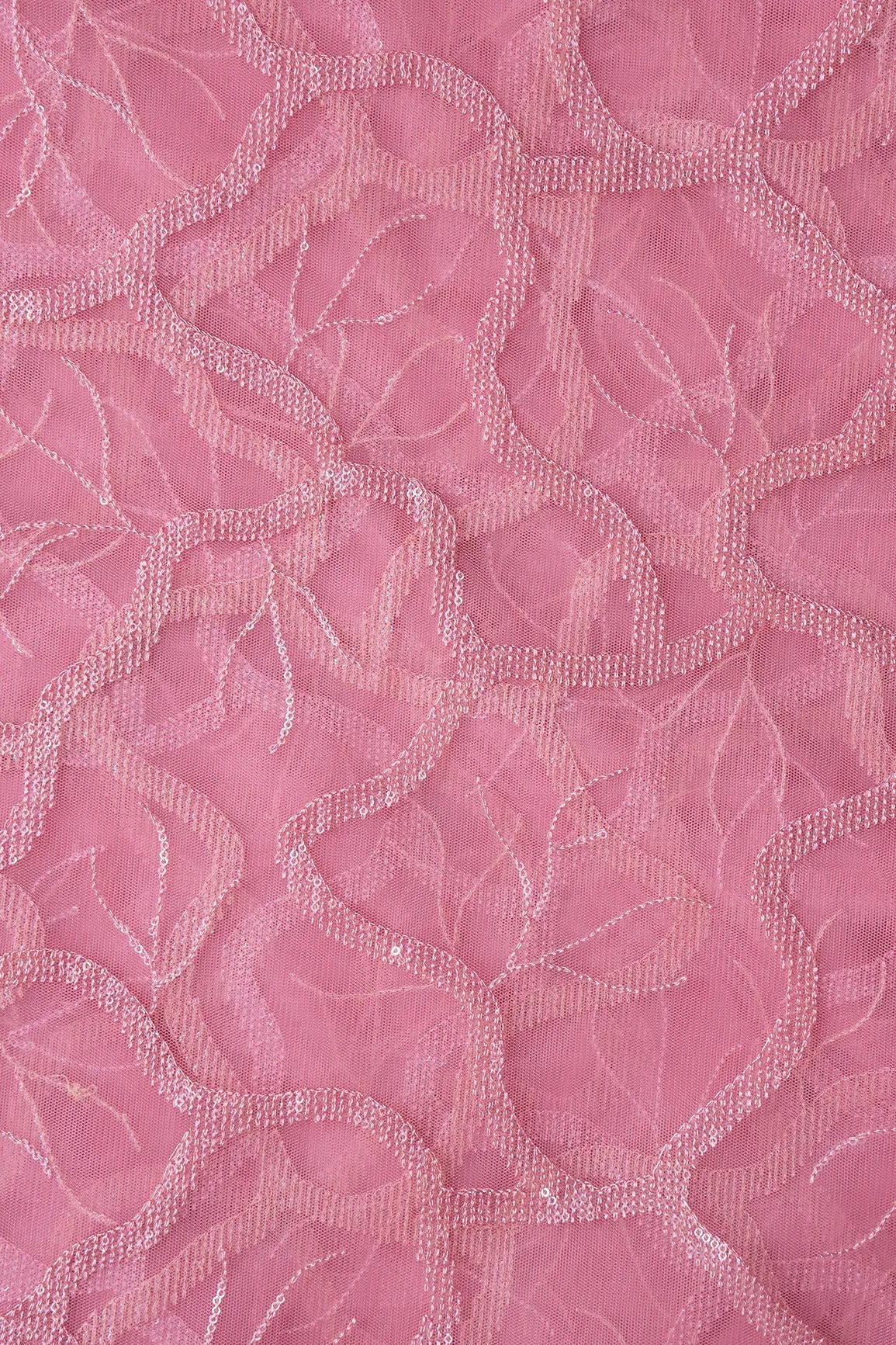 Pink Thread With Water Sequins Abstract Embroidery Work On Pink Soft Net Fabric - doeraa