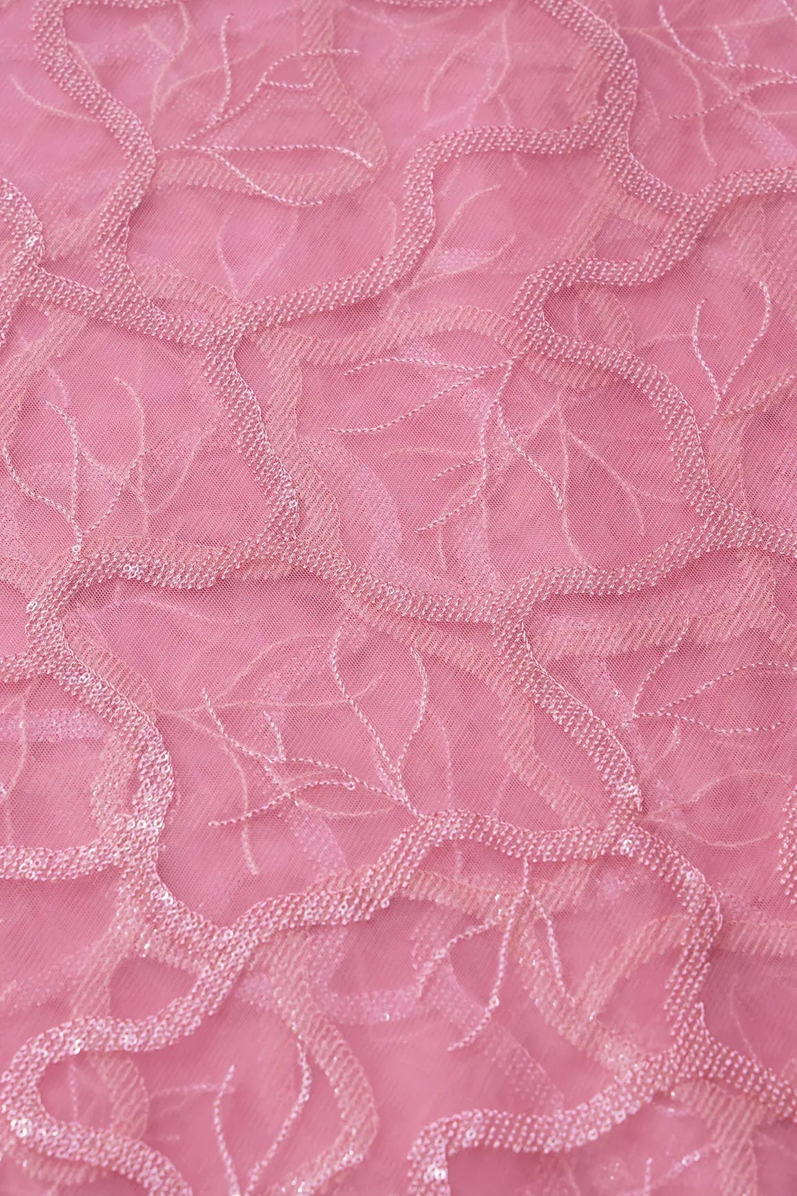 Pink Thread With Water Sequins Abstract Embroidery Work On Pink Soft Net Fabric - doeraa