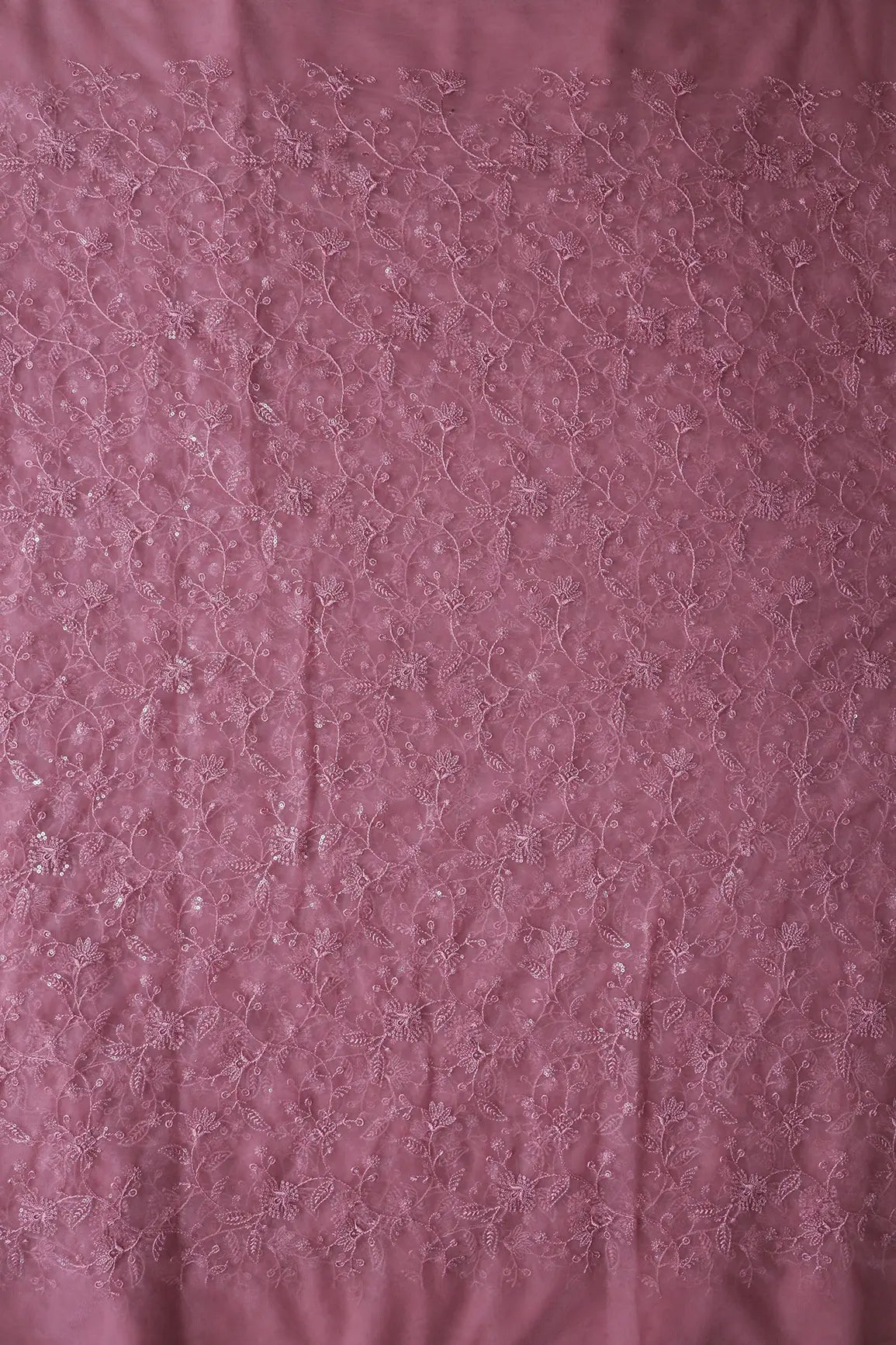 Pink Thread With Water Sequins Floral Embroidery On Pink Soft Net Fabric - doeraa
