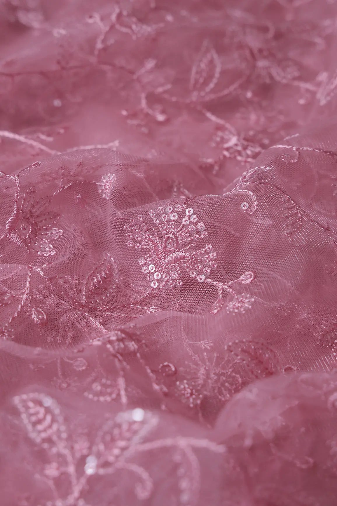 Pink Thread With Water Sequins Floral Embroidery On Pink Soft Net Fabric - doeraa