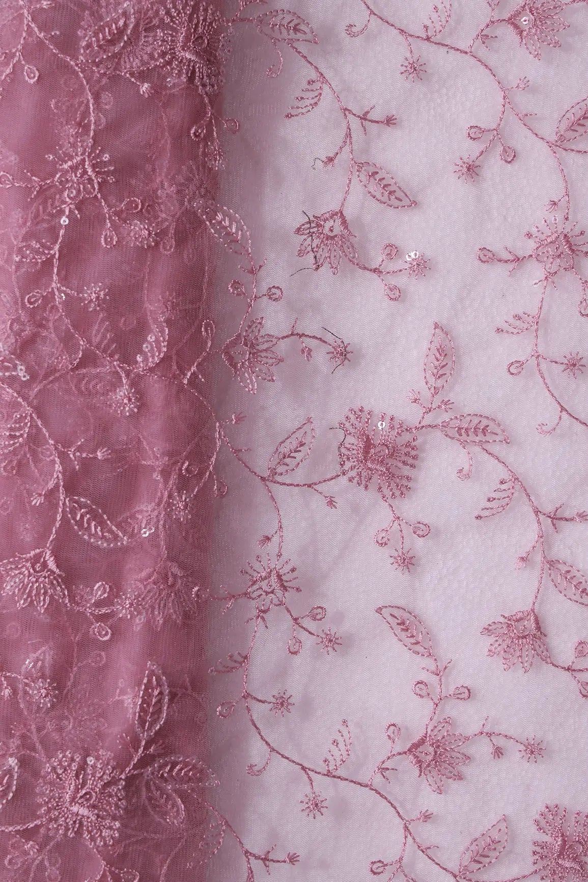 Pink Thread With Water Sequins Floral Embroidery On Pink Soft Net Fabric - doeraa