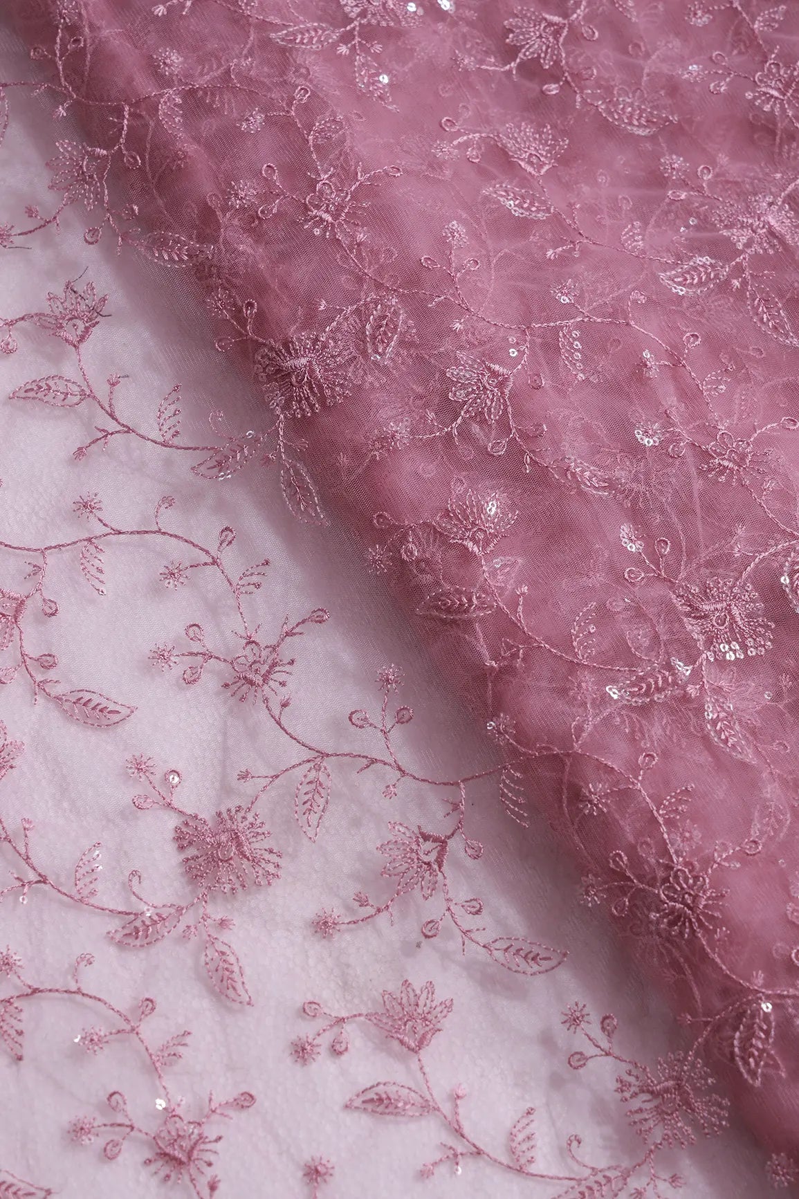 Pink Thread With Water Sequins Floral Embroidery On Pink Soft Net Fabric - doeraa