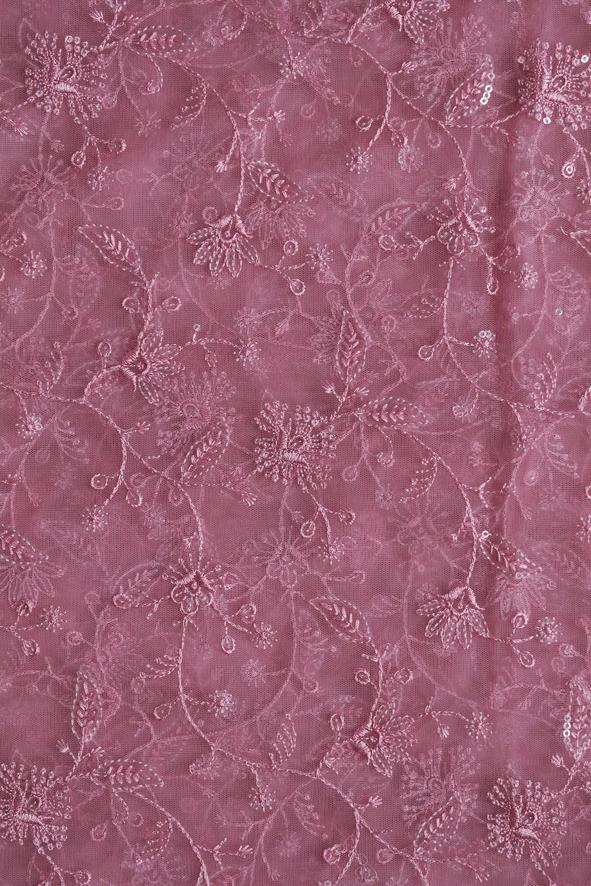 Pink Thread With Water Sequins Floral Embroidery On Pink Soft Net Fabric - doeraa