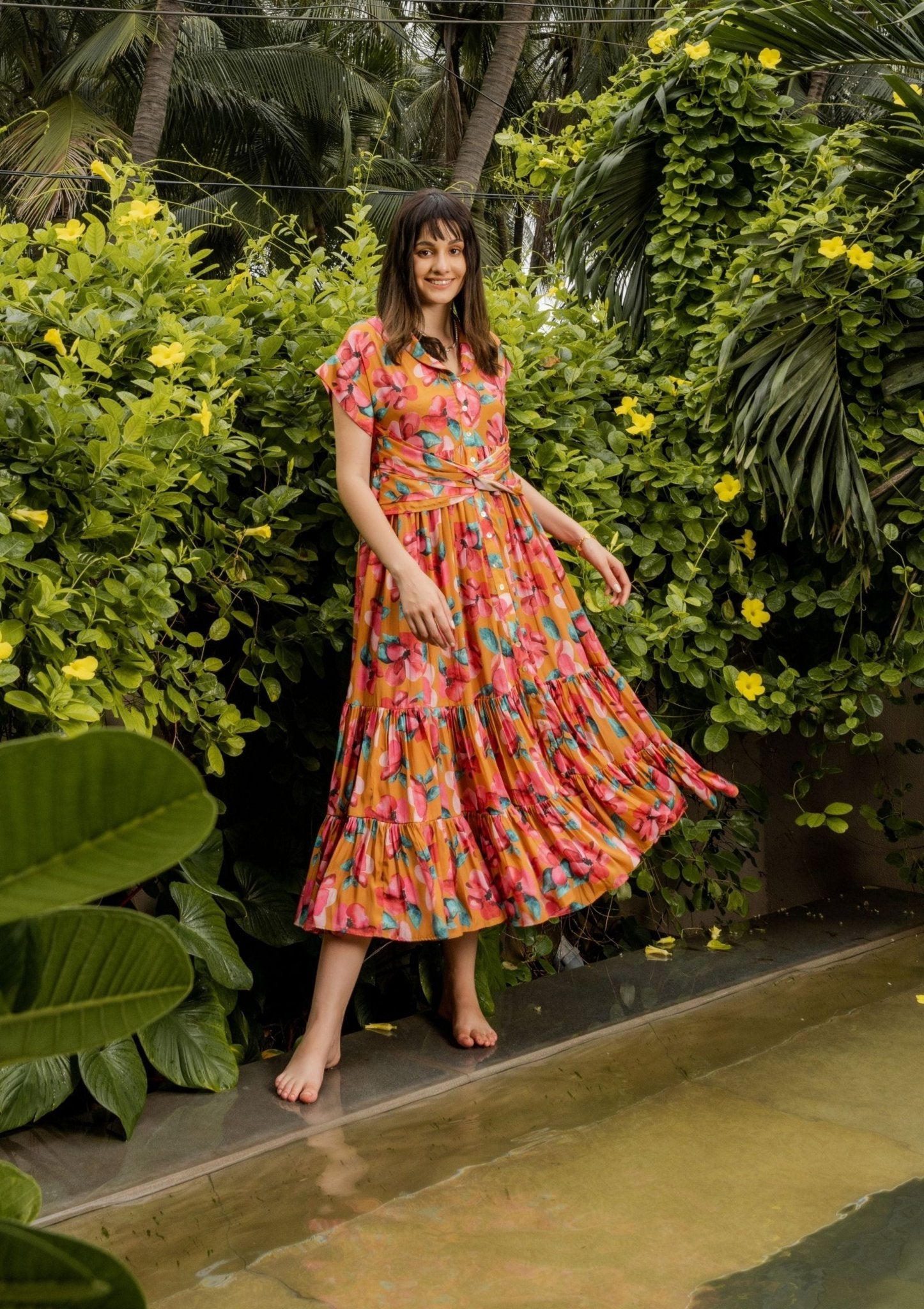 Plumeria Floral Mustard Long Crepe Dress - doeraa