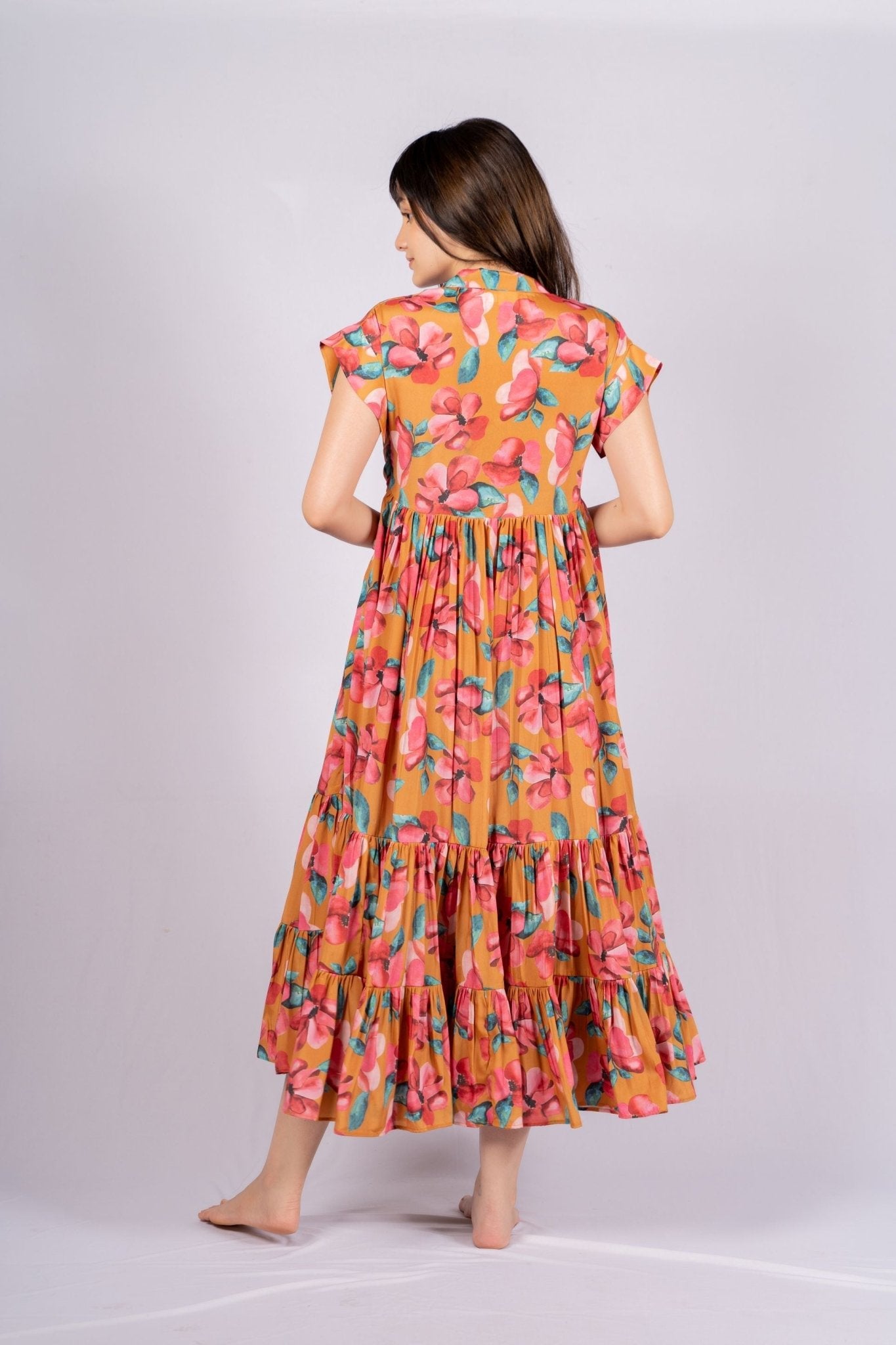 Plumeria Floral Mustard Long Crepe Dress - doeraa